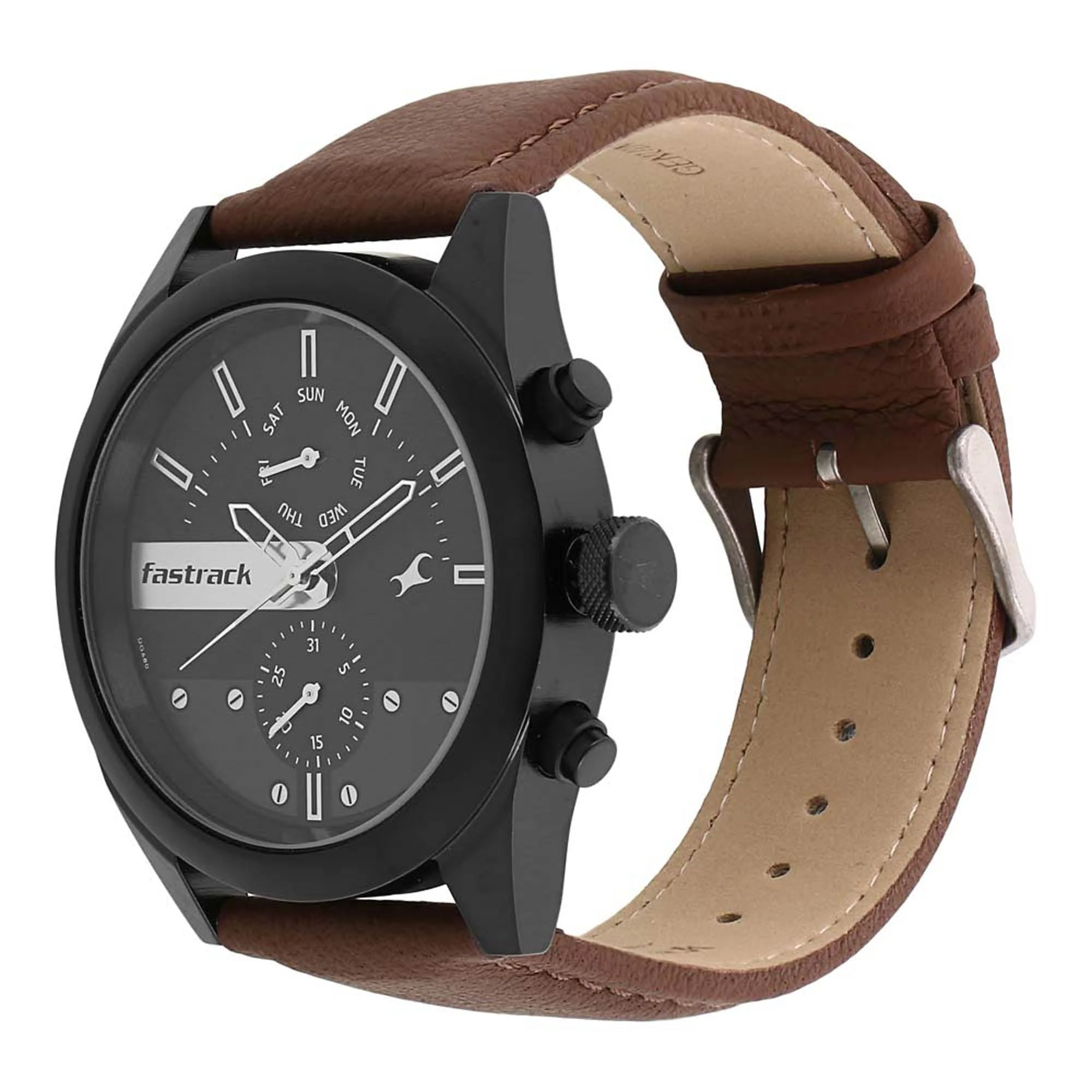 Fastrack All Nighters Quartz Multifunction Black Dial Leather Strap Watch for Guys - Image 2