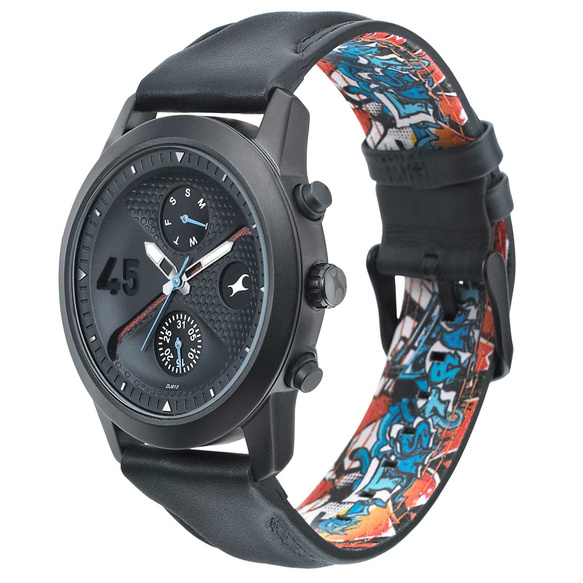 Fastrack Go Skate Quartz Multifunction Black Dial Leather Strap Watch for Guys - Image 3