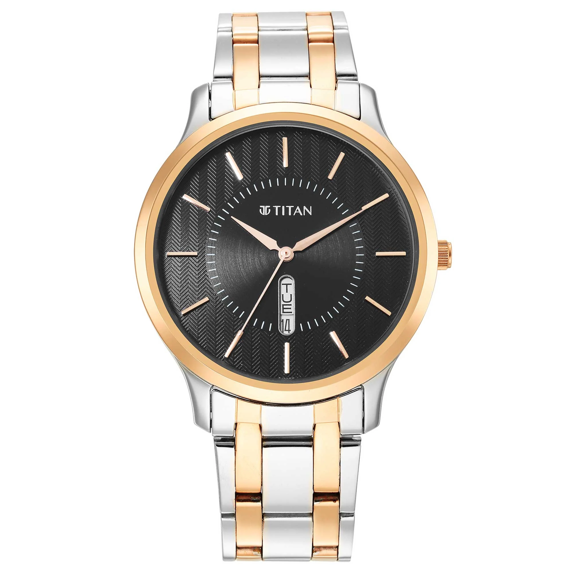Titan Karishma Black Dial Dual Color Metal Strap Analog with Day-Date Watch for Men