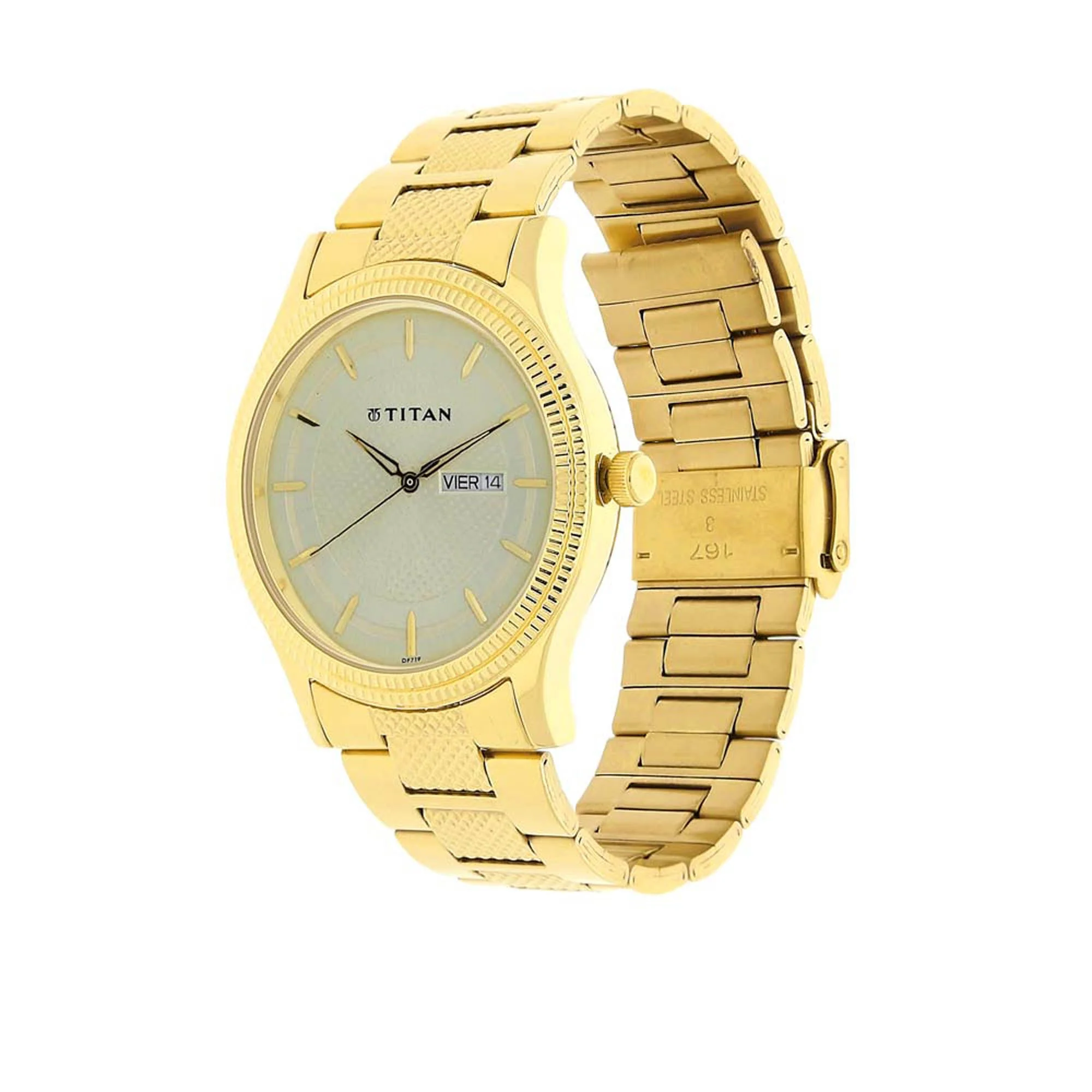 Titan Analog with Day and Date Quartz Champagne Dial Metal Round Stainless Steel Strap watch for Men - Image 4