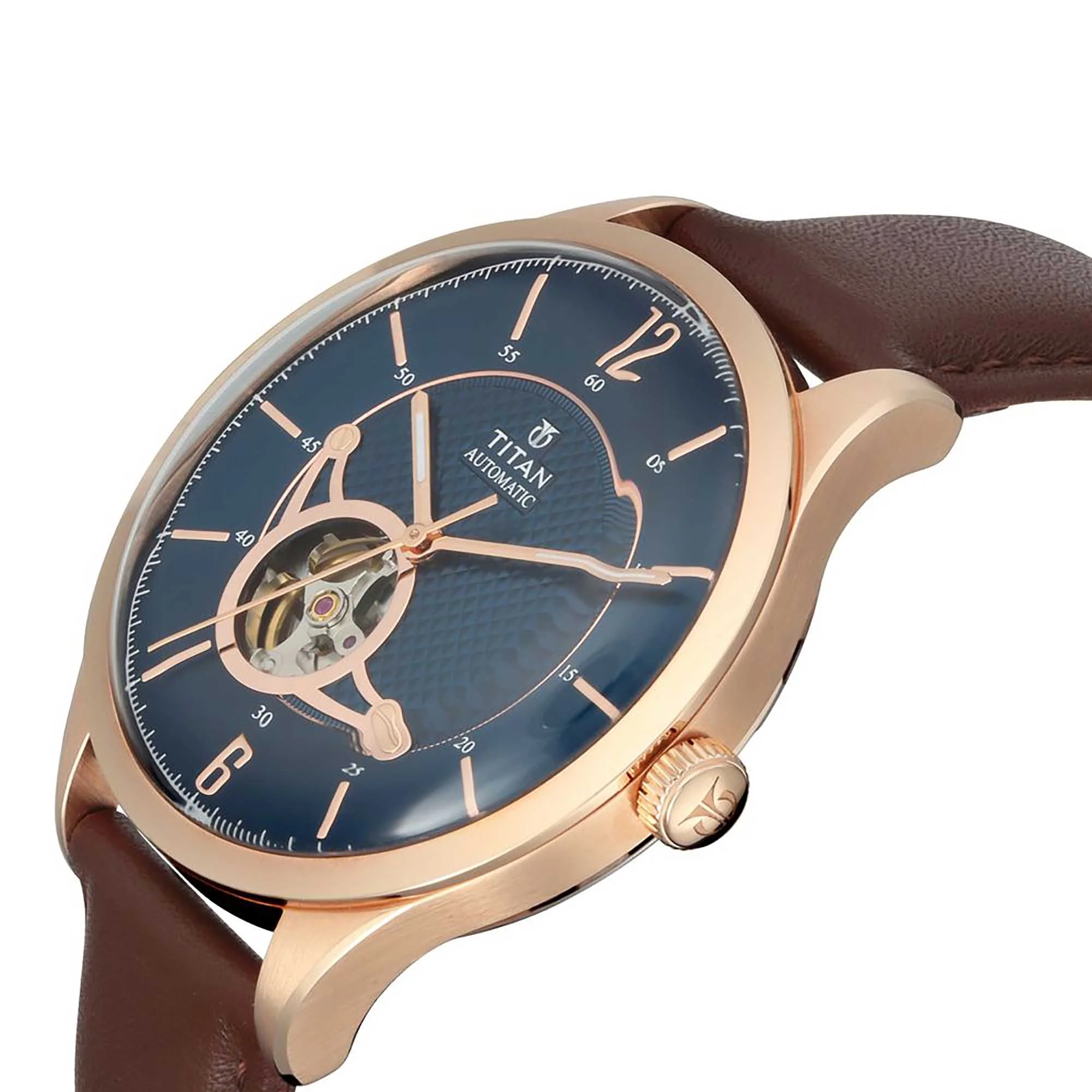 Titan Automatic Blue Dial Brown Leather Strap Watch for Men - Image 2