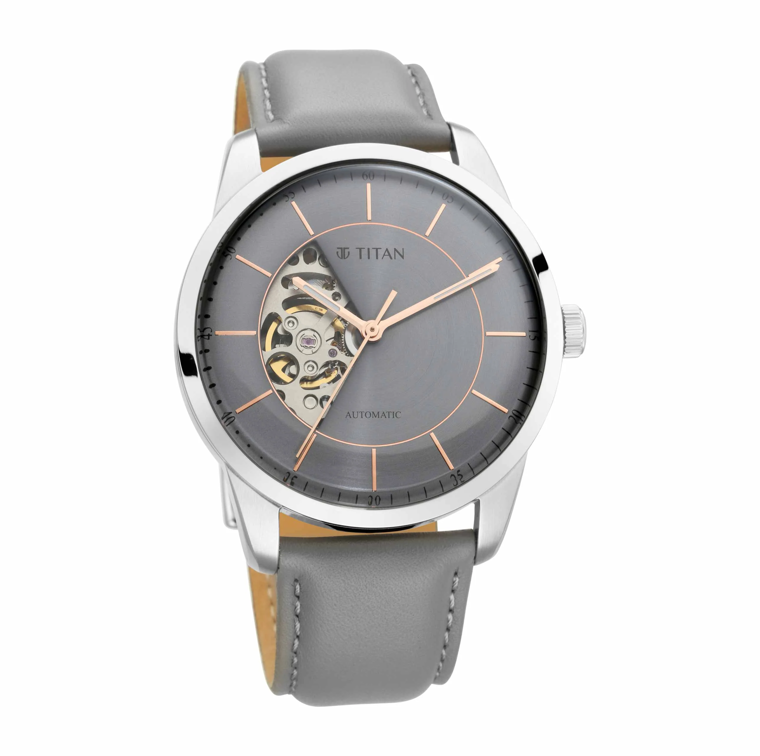 Titan Automatic Sectoral Grey Dial Grey Leather Strap Watch for Men - Image 2