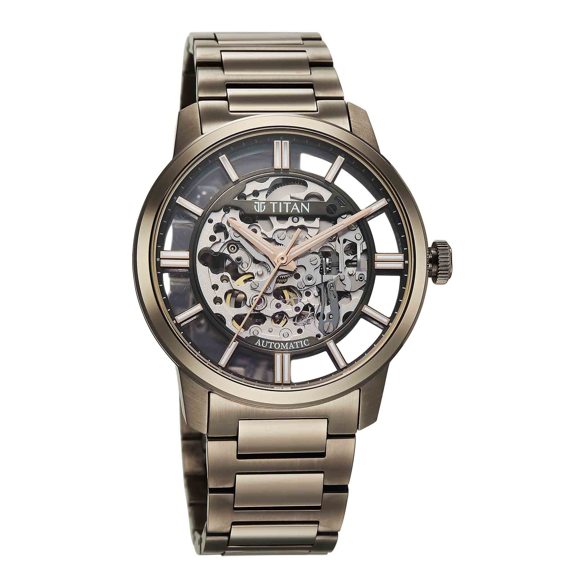 Titan Black Dial Brown Stainless Steel Strap Skeletal Automatic Watch for Men - Image 2