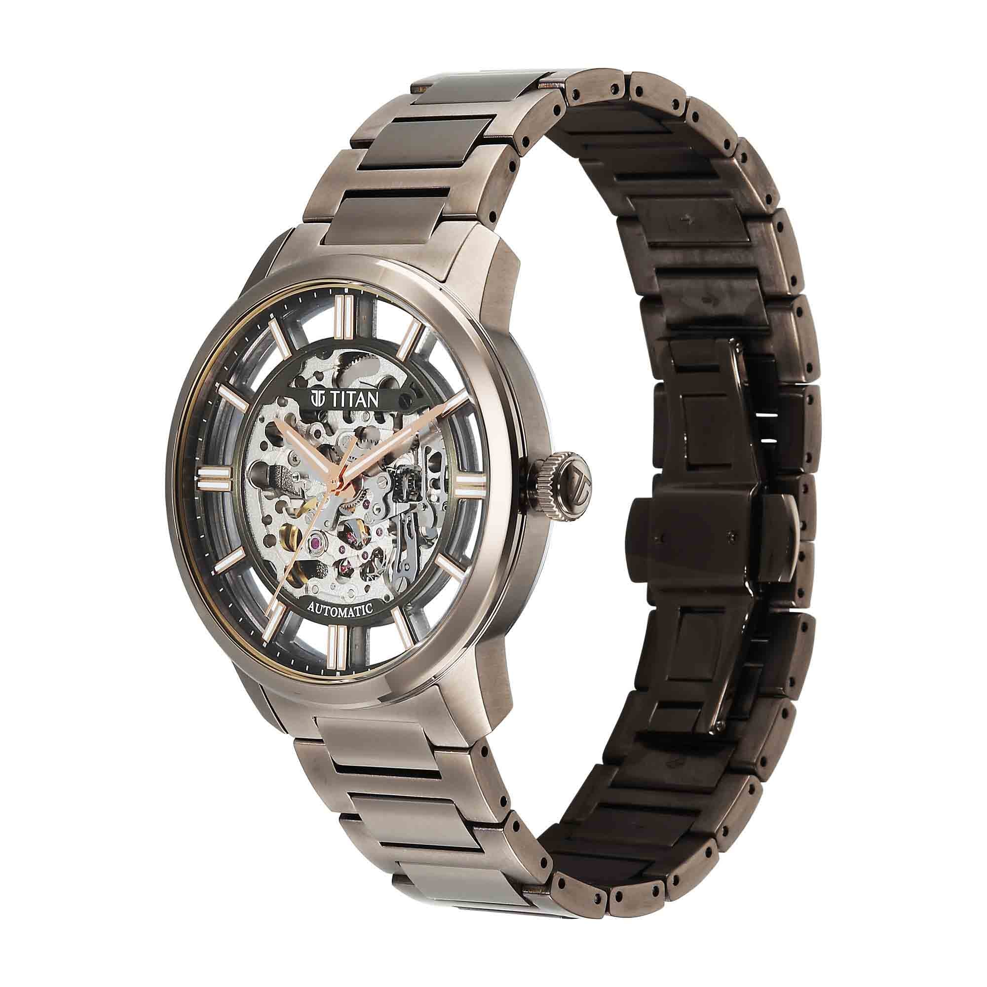 Titan Black Dial Brown Stainless Steel Strap Skeletal Automatic Watch for Men - Image 3