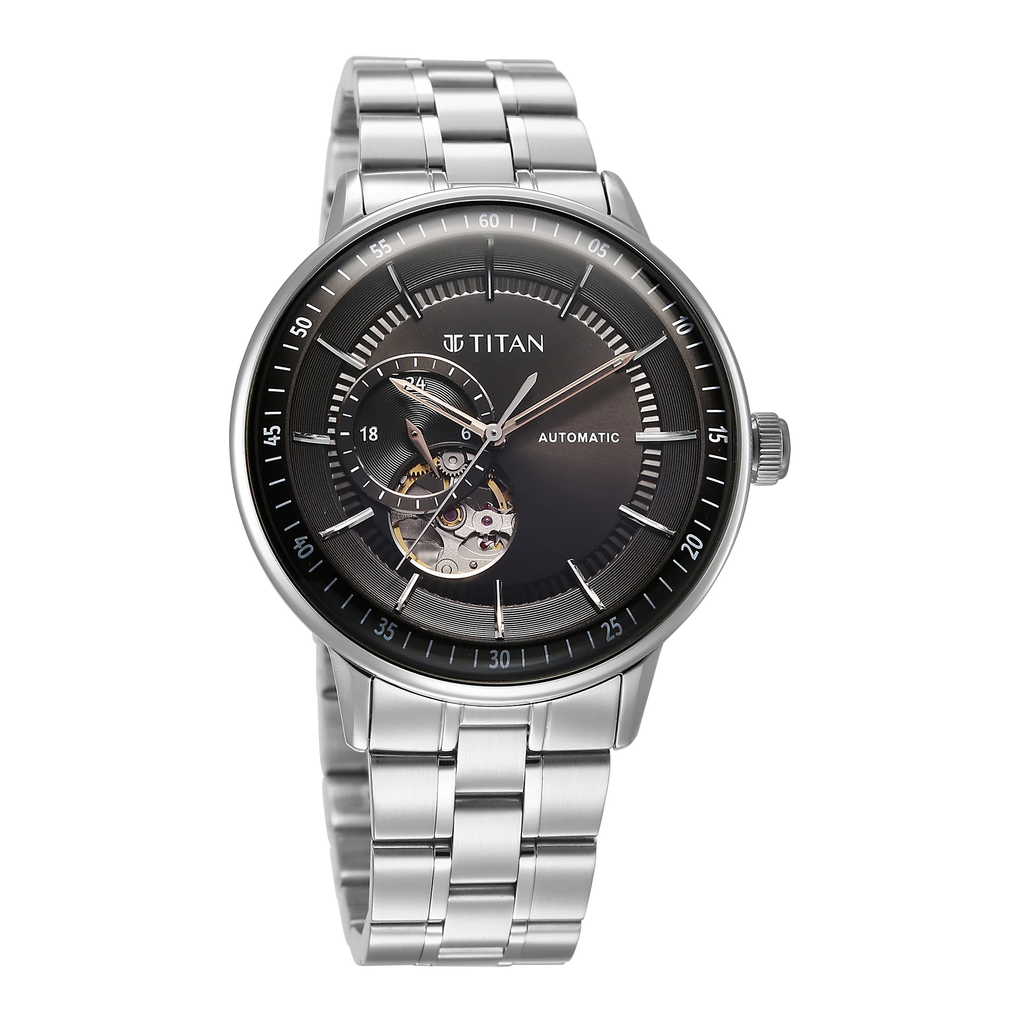 Titan Black Dial Silver Stainless Steel Strap Open Heart Automatic Watch for Men