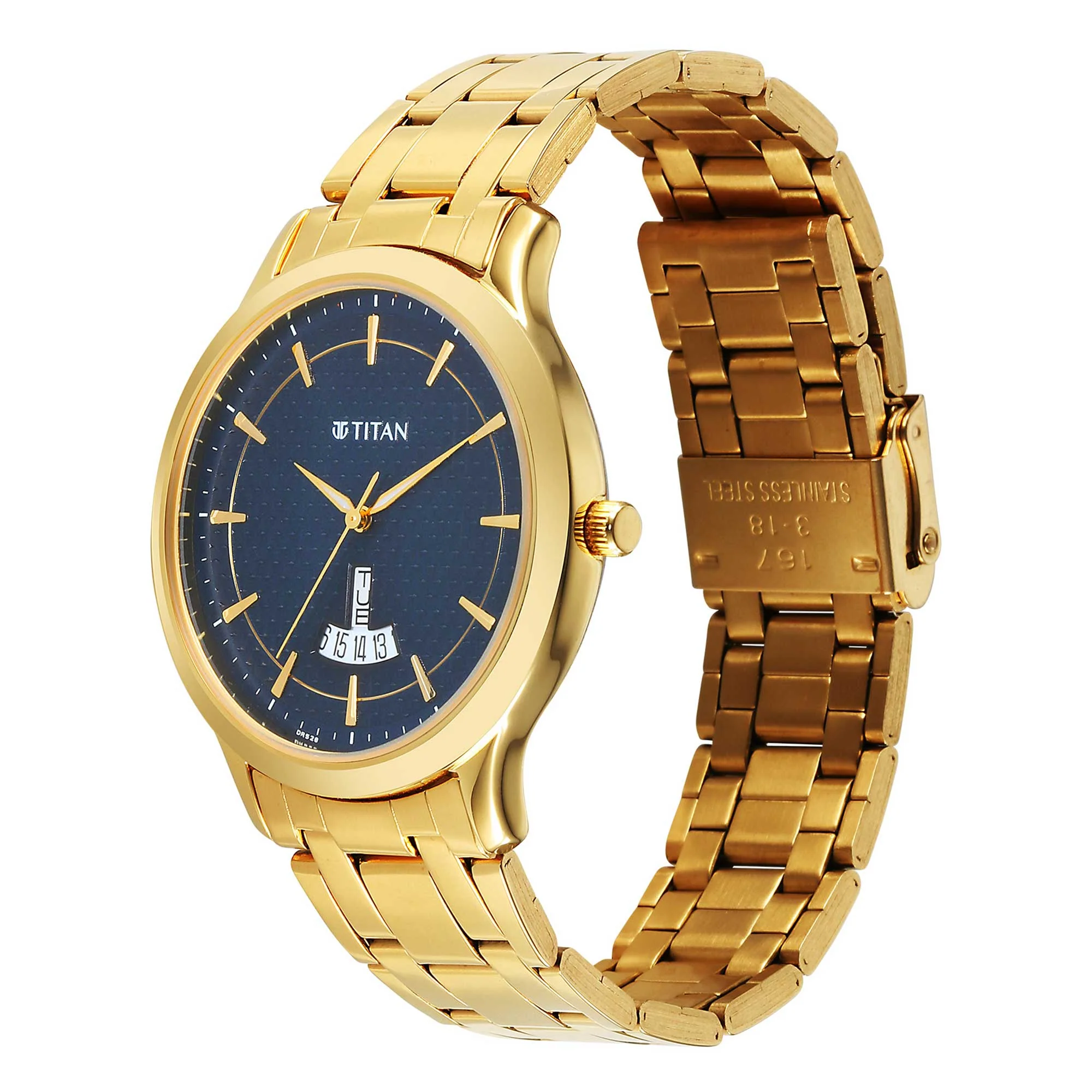 Titan Blue Dial Gold Stainless Steel Strap Analog with Day Date Watch for Men - Image 3