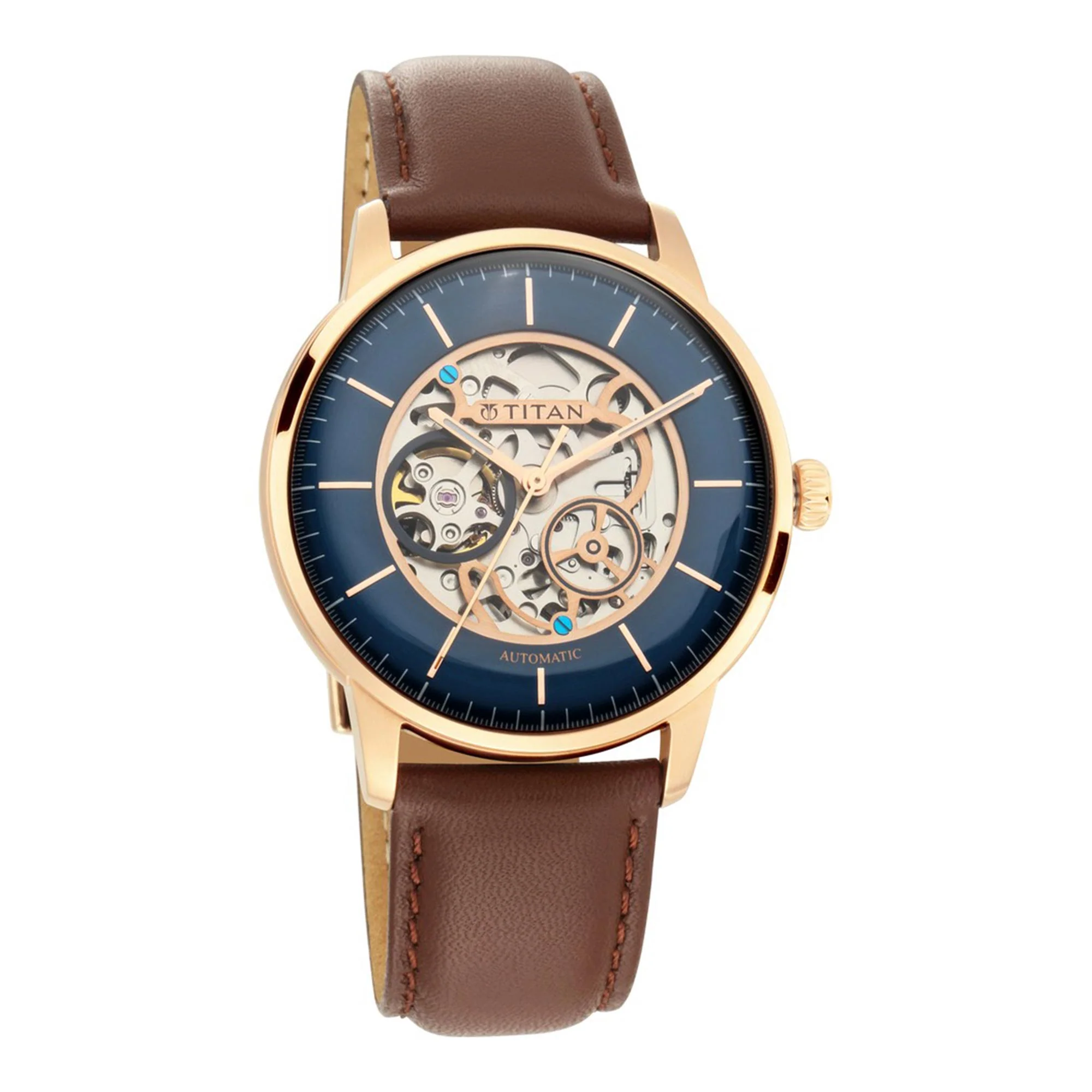 Titan Blue Dial Brown Leather Strap Automatic Watch for Men - Image 2