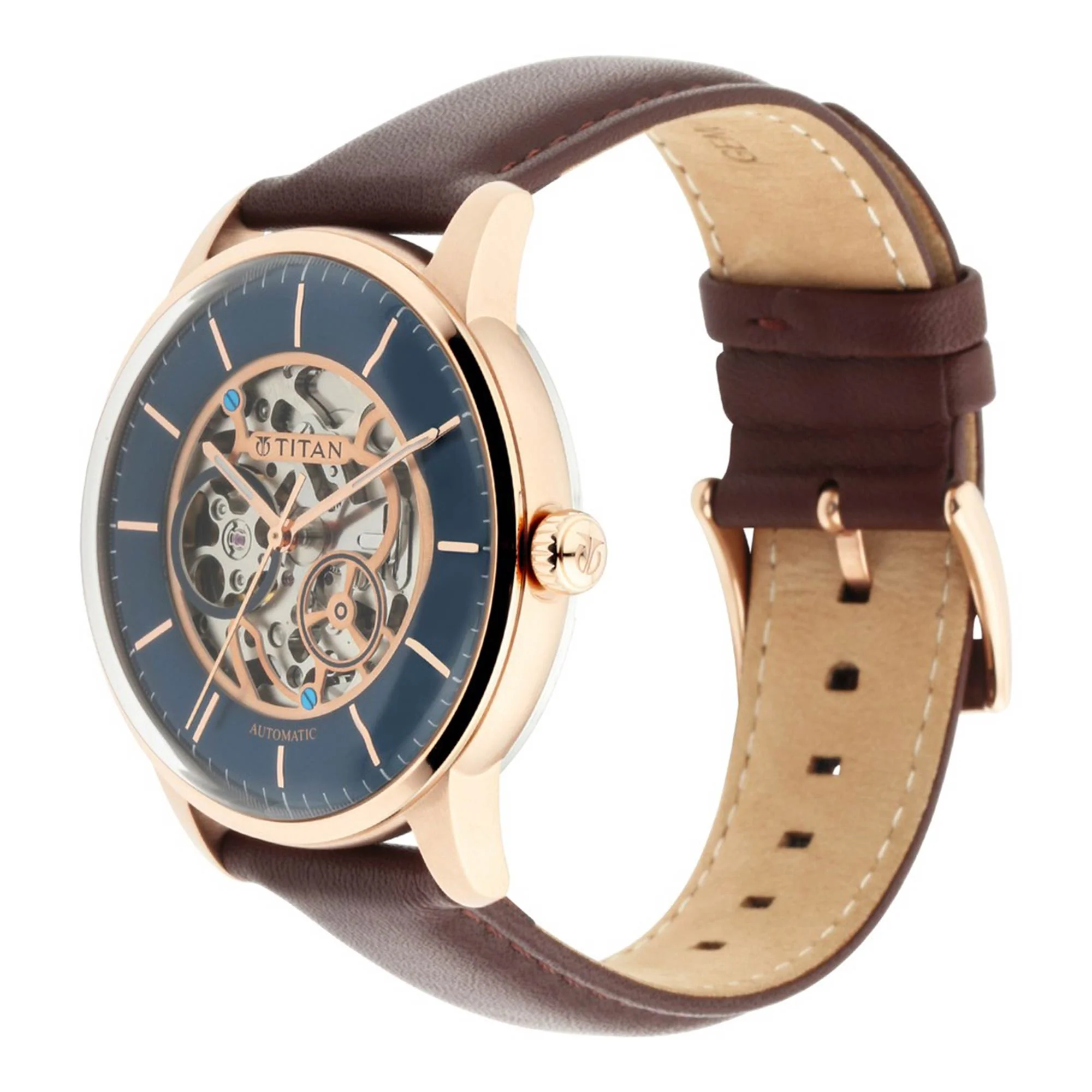Titan Blue Dial Brown Leather Strap Automatic Watch for Men - Image 3
