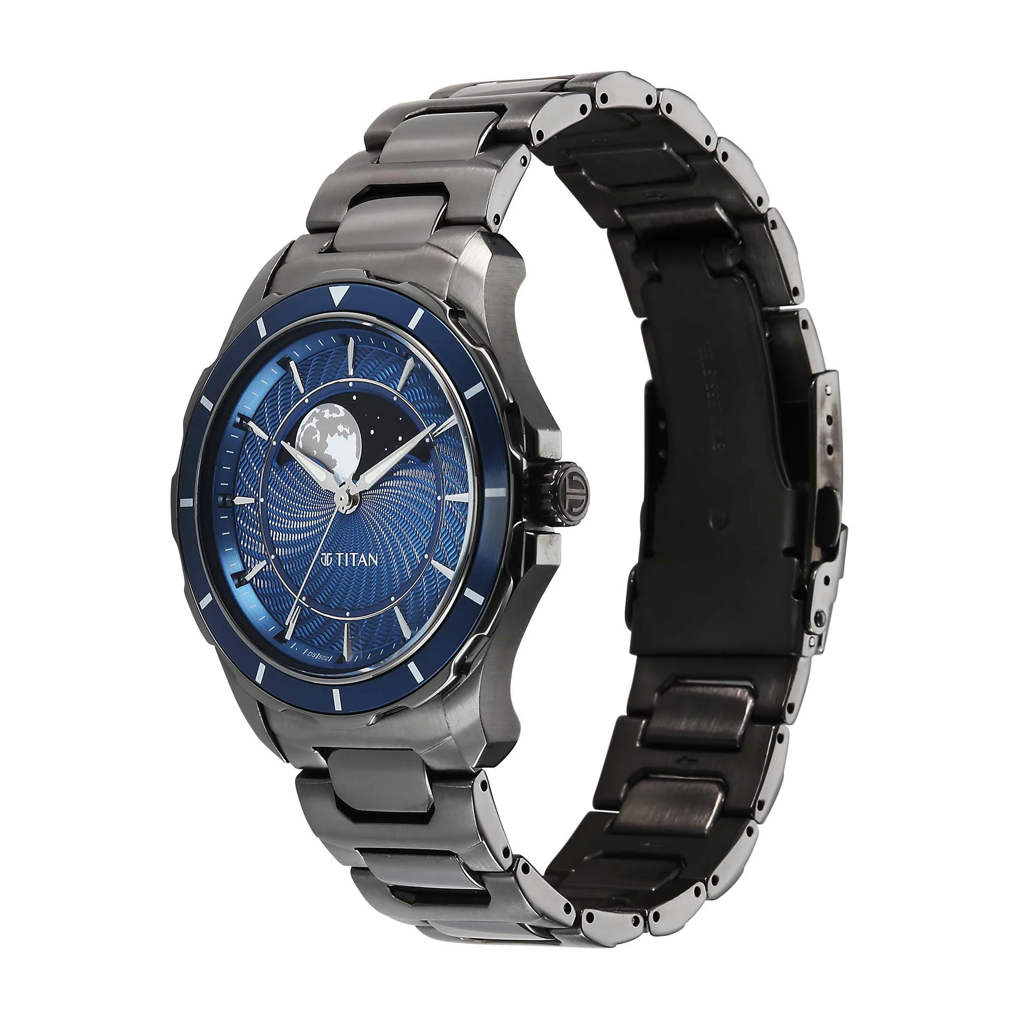 Titan Blue Dial Two Toned Stainless Steel Strap Analog with Moon Phase Watch For Men - Image 4