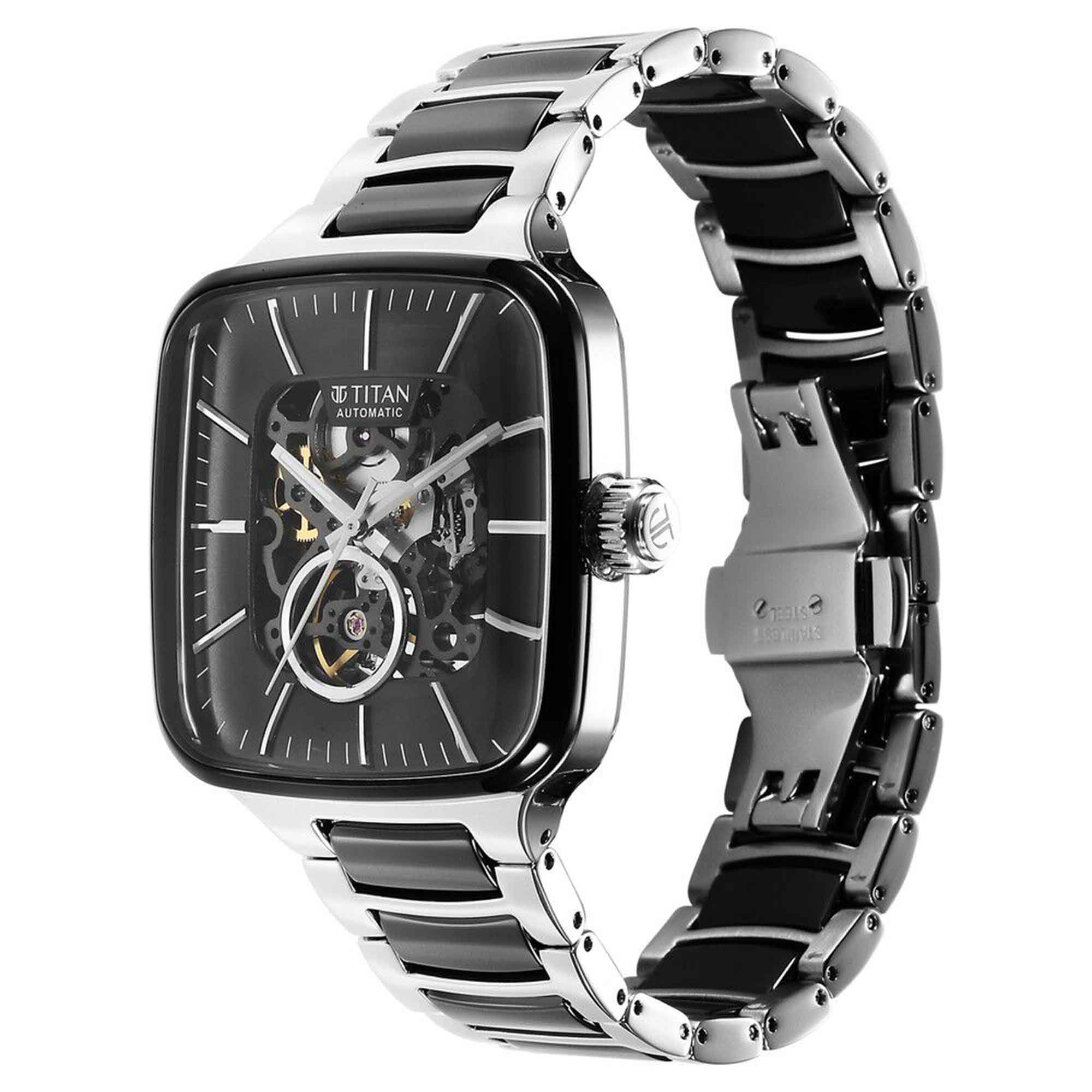 Titan Ceramic Fusion Automatic Square Black Dial Silver Dual-Toned Stainless Steel Bracelet Watch for Men - Image 3
