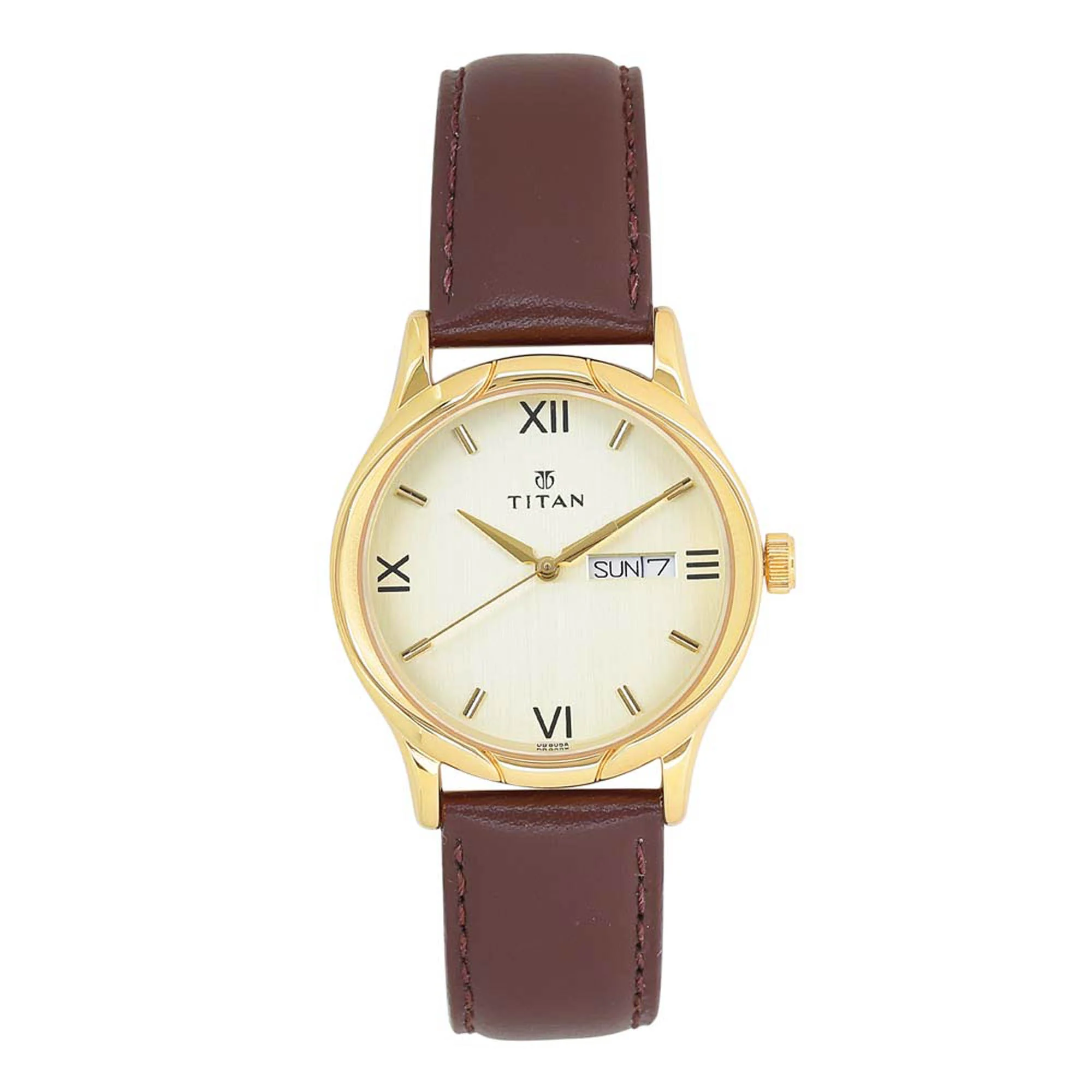 Titan Champagne Dial Analog with Day and Date Leather Strap watch for Men