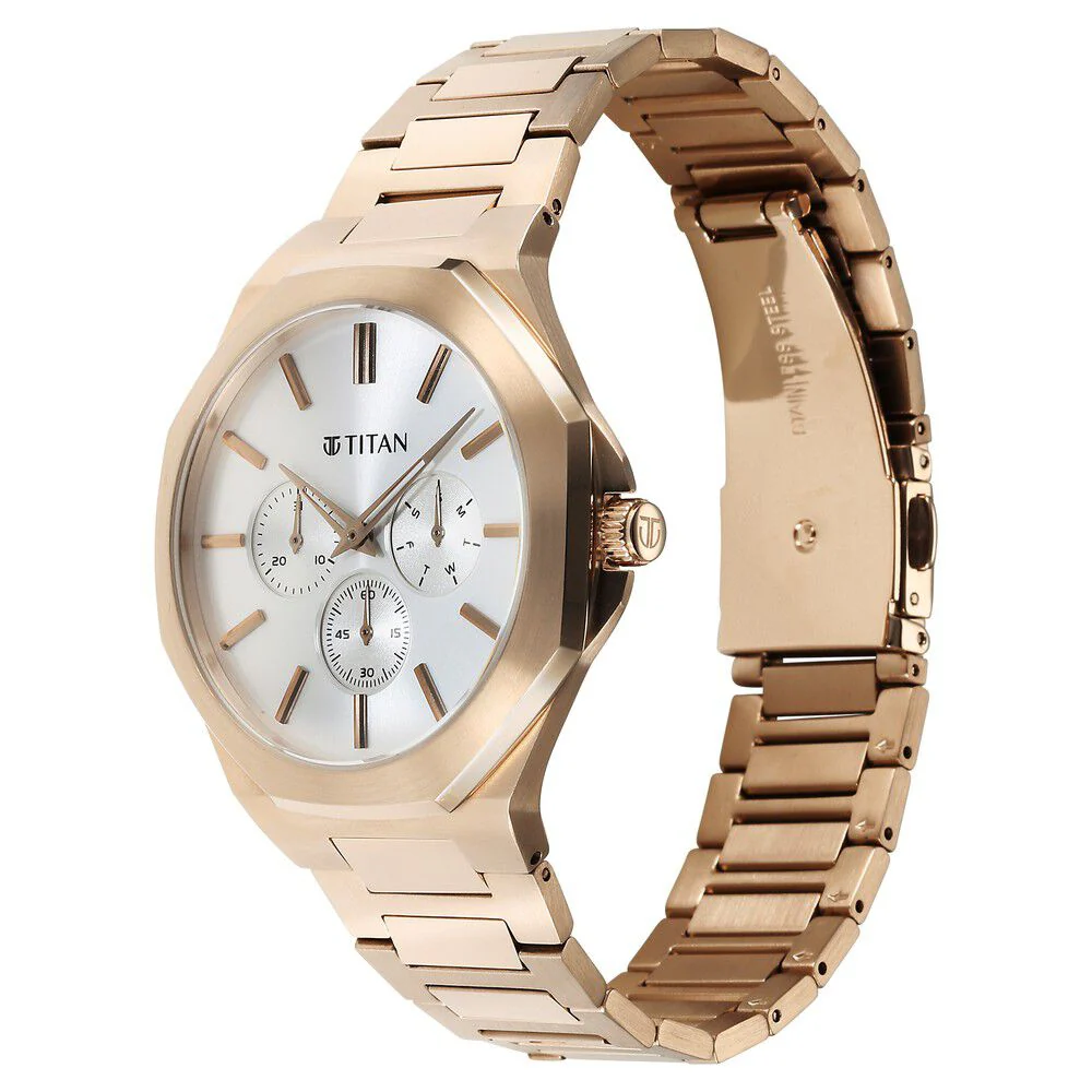 Titan Classic Slim Multifunction Multifunction Silver Dial Carnation Gold Stainless Steel Strap Watch For Men - Image 3