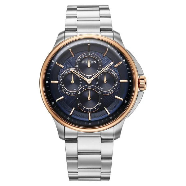 Titan Blue Dial Silver Stainless Steel Strap Multifunction Watch for Men
