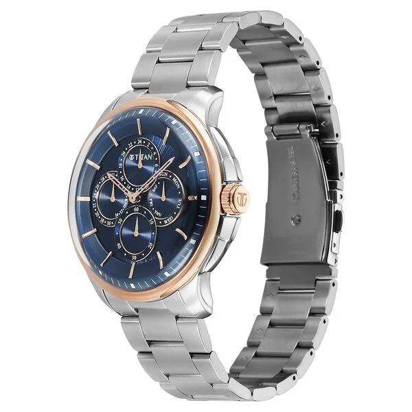 Titan Blue Dial Silver Stainless Steel Strap Multifunction Watch for Men - Image 3