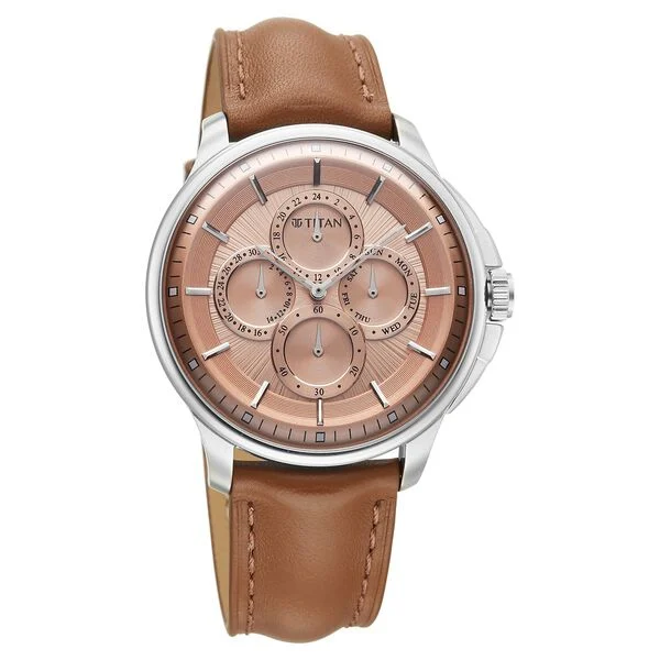 Titan Pink Dial Brown Leather Strap Multifunction Watch for Men - Image 2