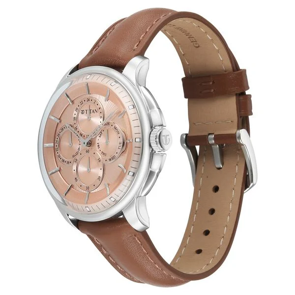 Titan Pink Dial Brown Leather Strap Multifunction Watch for Men - Image 3