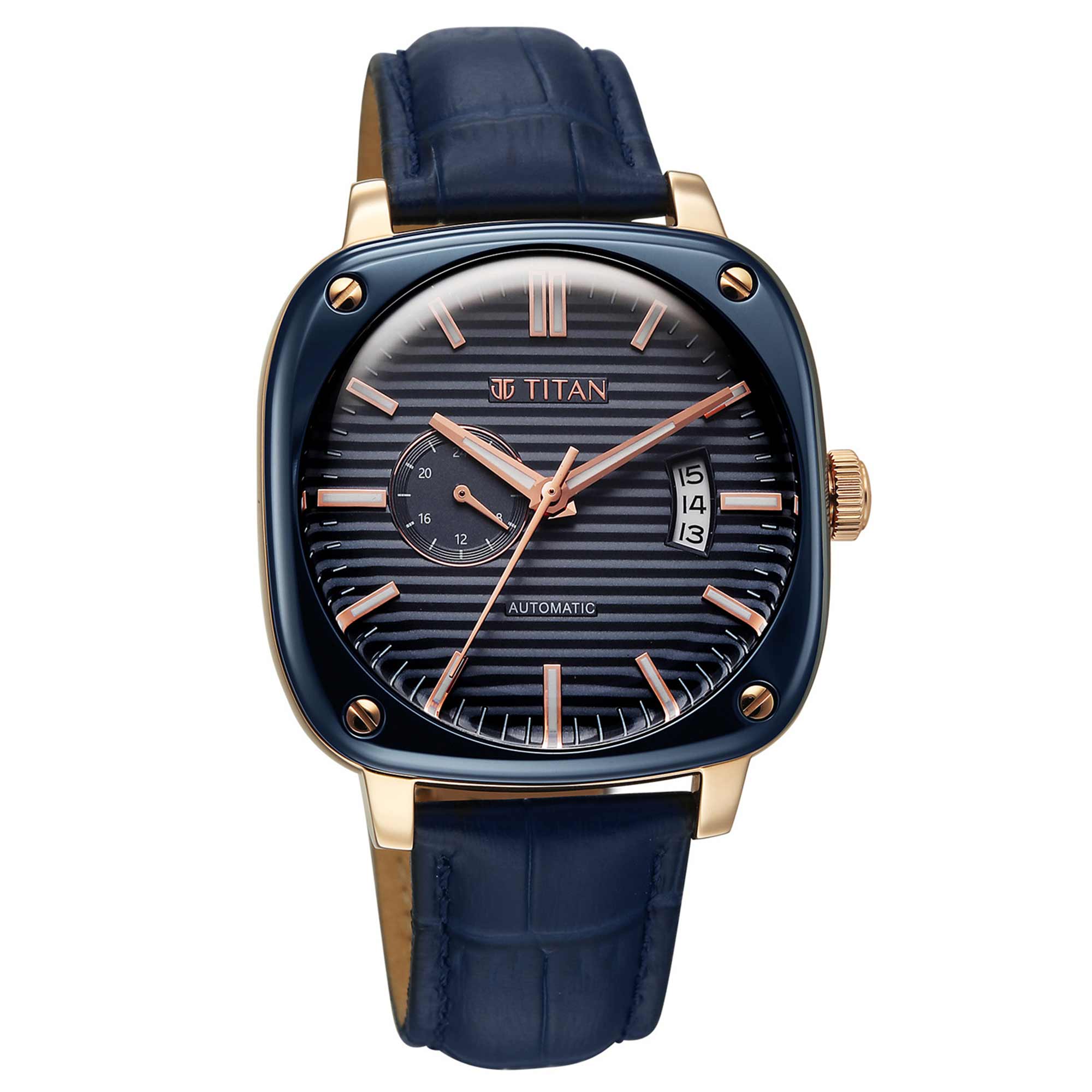 Titan Blue Dial Leather Strap Concealed Automatic Watch for Men - Image 2