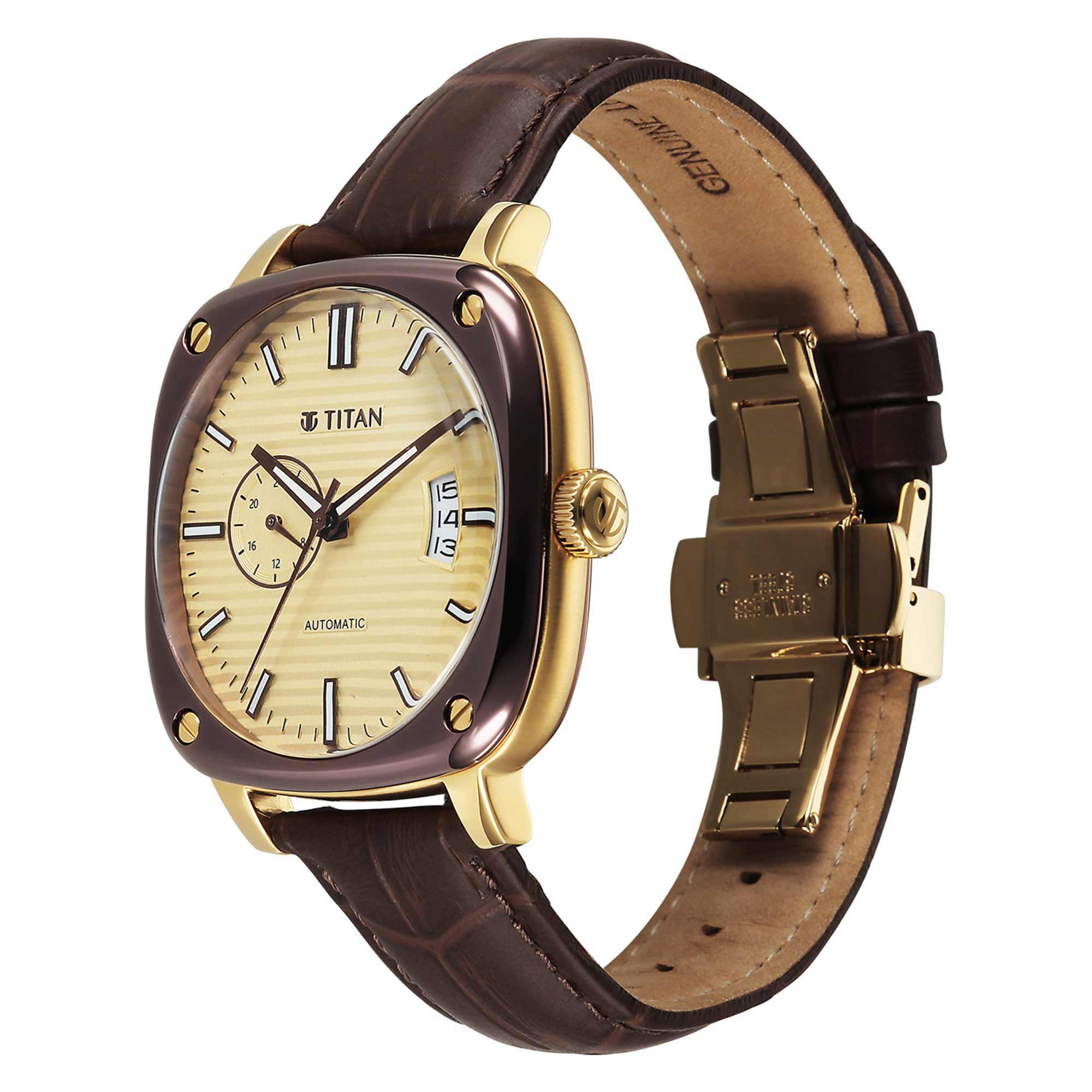 Titan Beige Dial Brown Leather Watch Strap Concealed Automatic Watch for Men - Image 3
