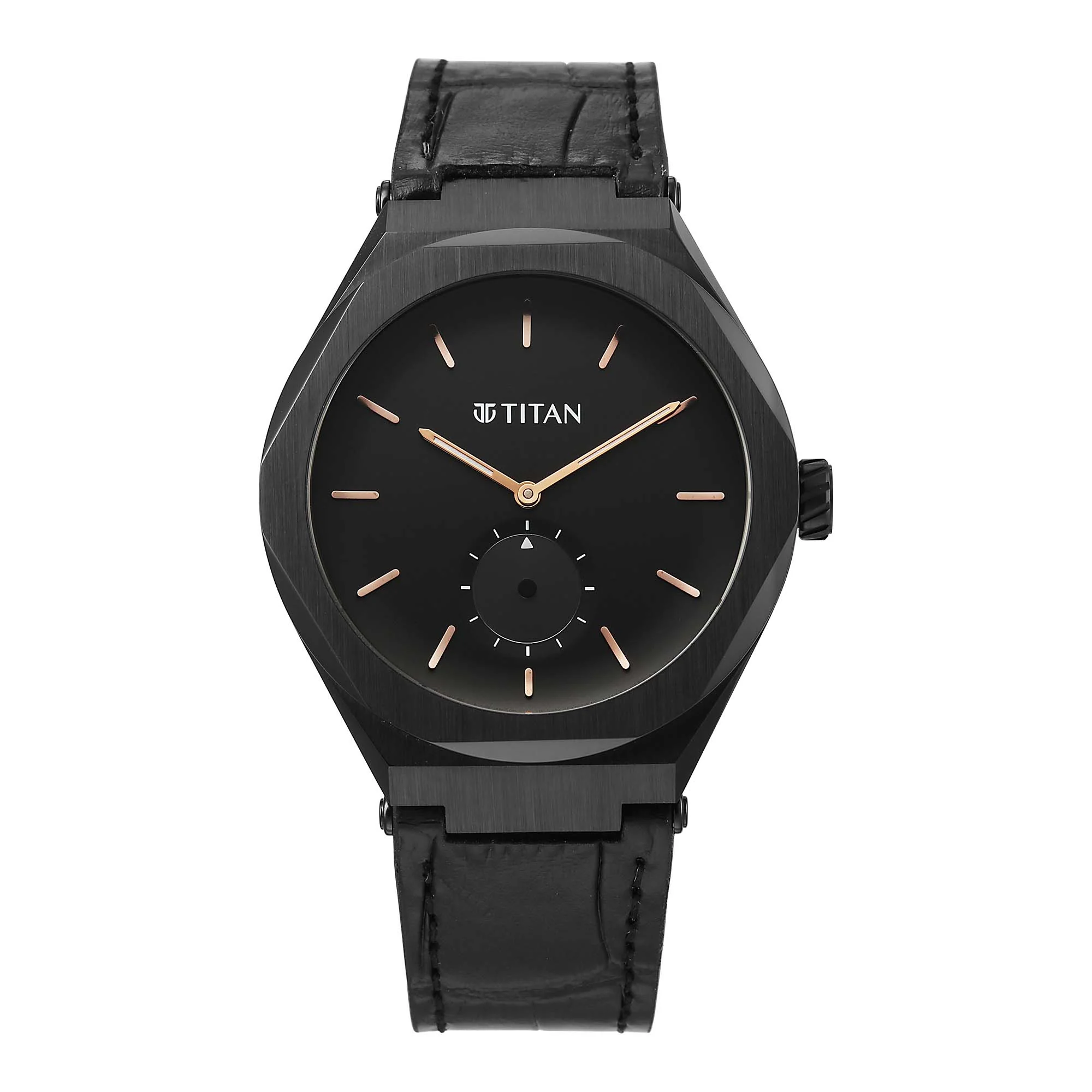Titan Black Dial Leather Strap Analog with Small Second Watch for Men