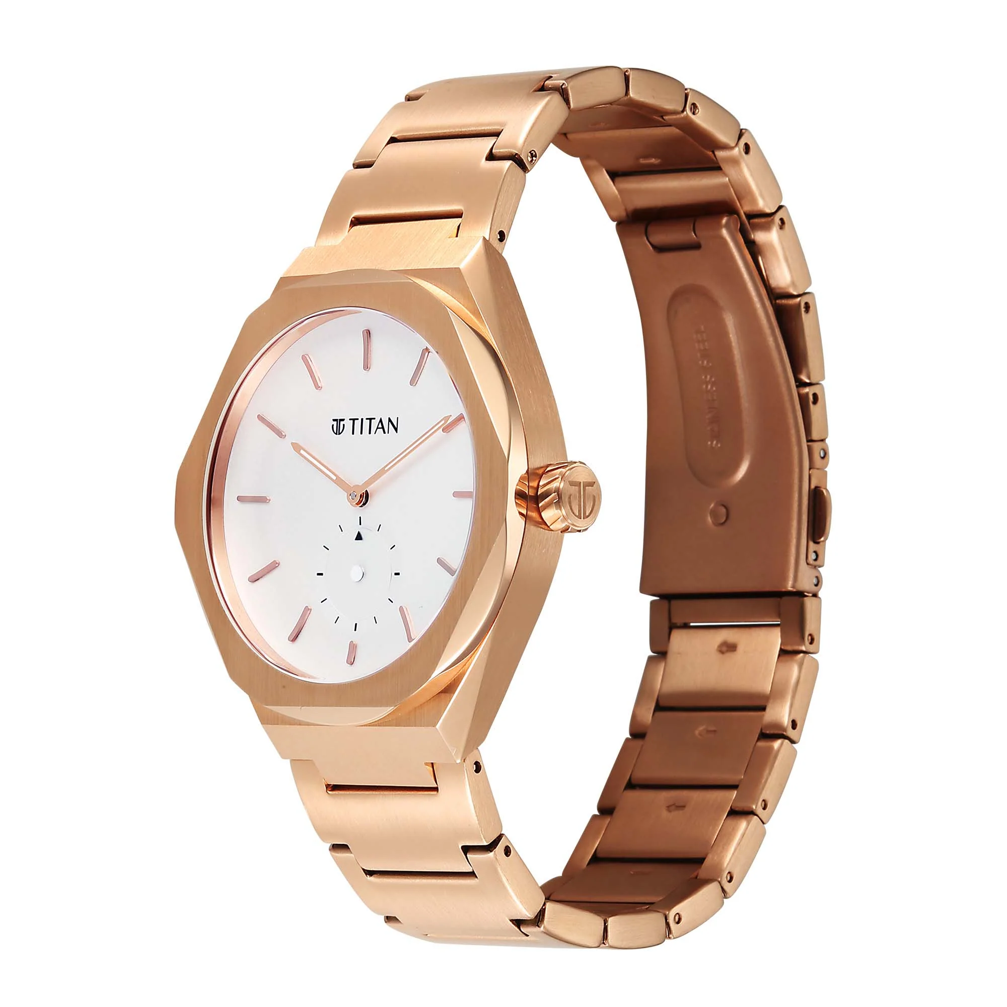 Titan White Dial Rose Gold Stainless Steel Strap Analog with Small Second Watch for Men - Image 3