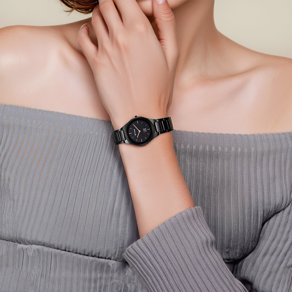 Titan Edge Ceramic Quartz Analog Black Dial Black Ceramic Strap Watch For Women - Image 2