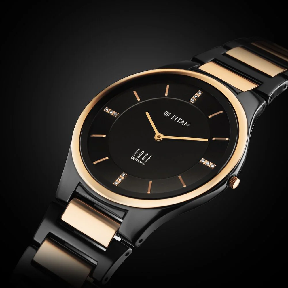 Titan Edge Ceramic Quartz in Midnight Gold with Diamonds and Black Dial Watch for Men - Image 3