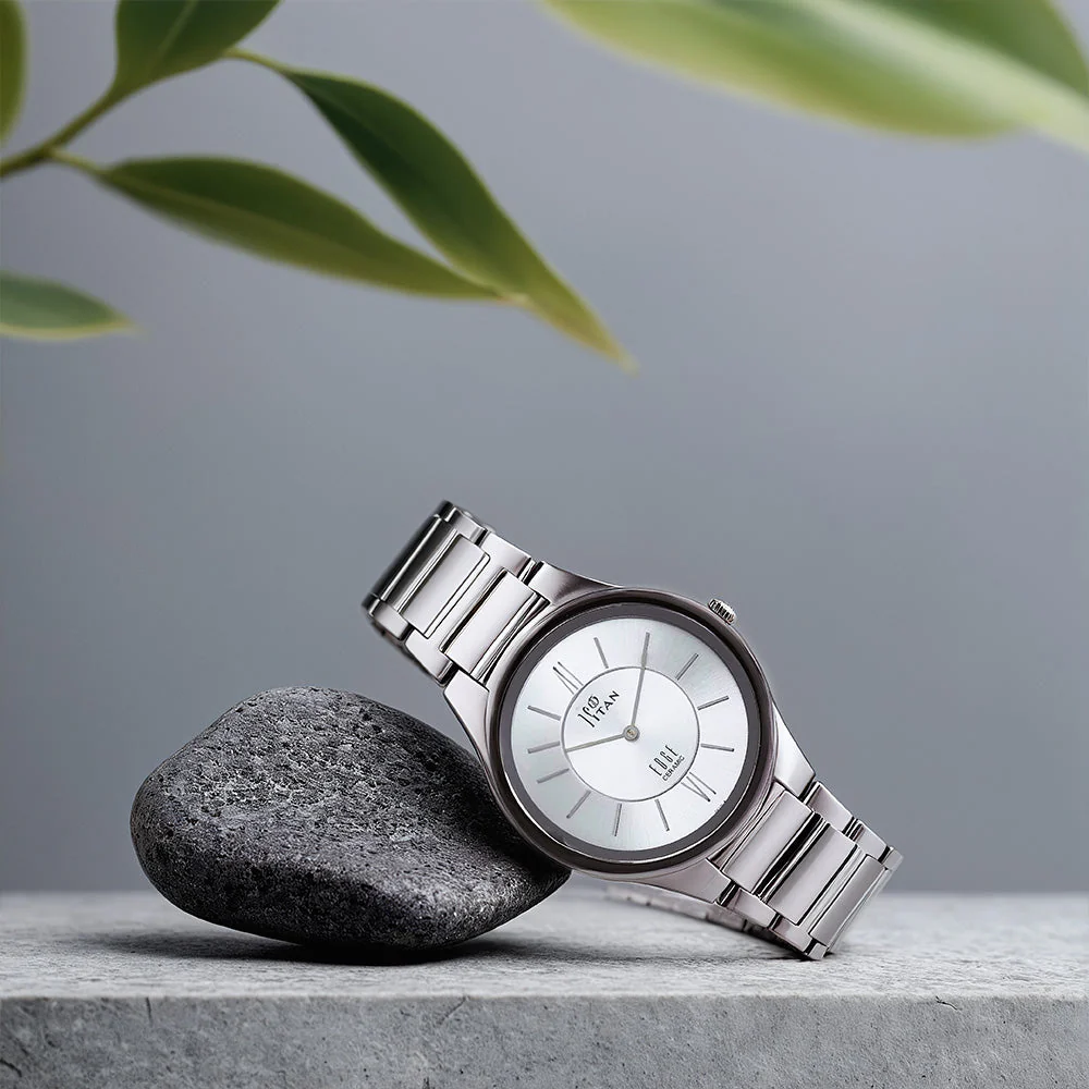Titan Edge Ceramic Quartz Analog Silver Dial Grey Ceramic Strap Watch For Men - Image 3