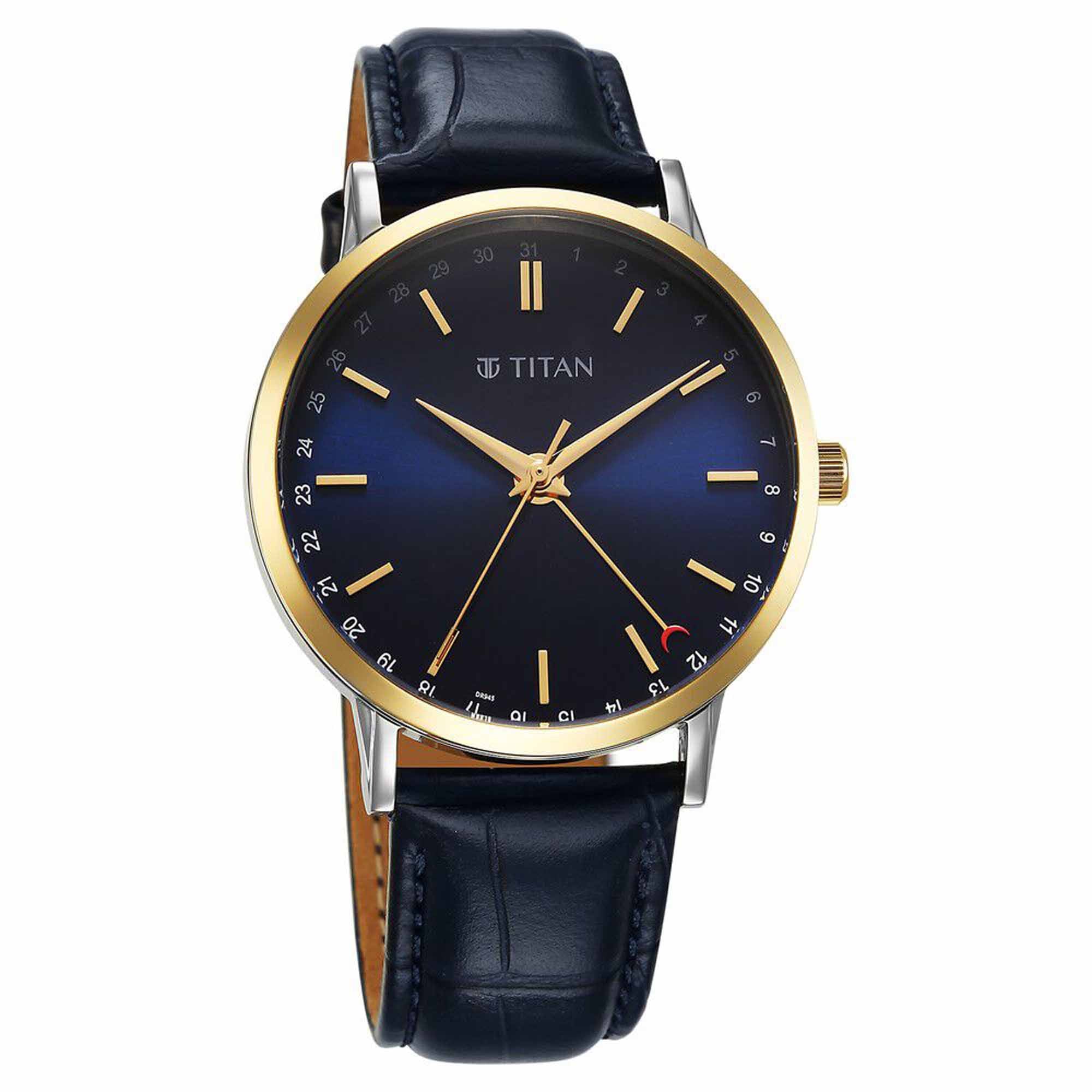 Titan Elegance Analog with Date by Hand and Blue Dial Blue Leather Strap Watch for Men - Image 2