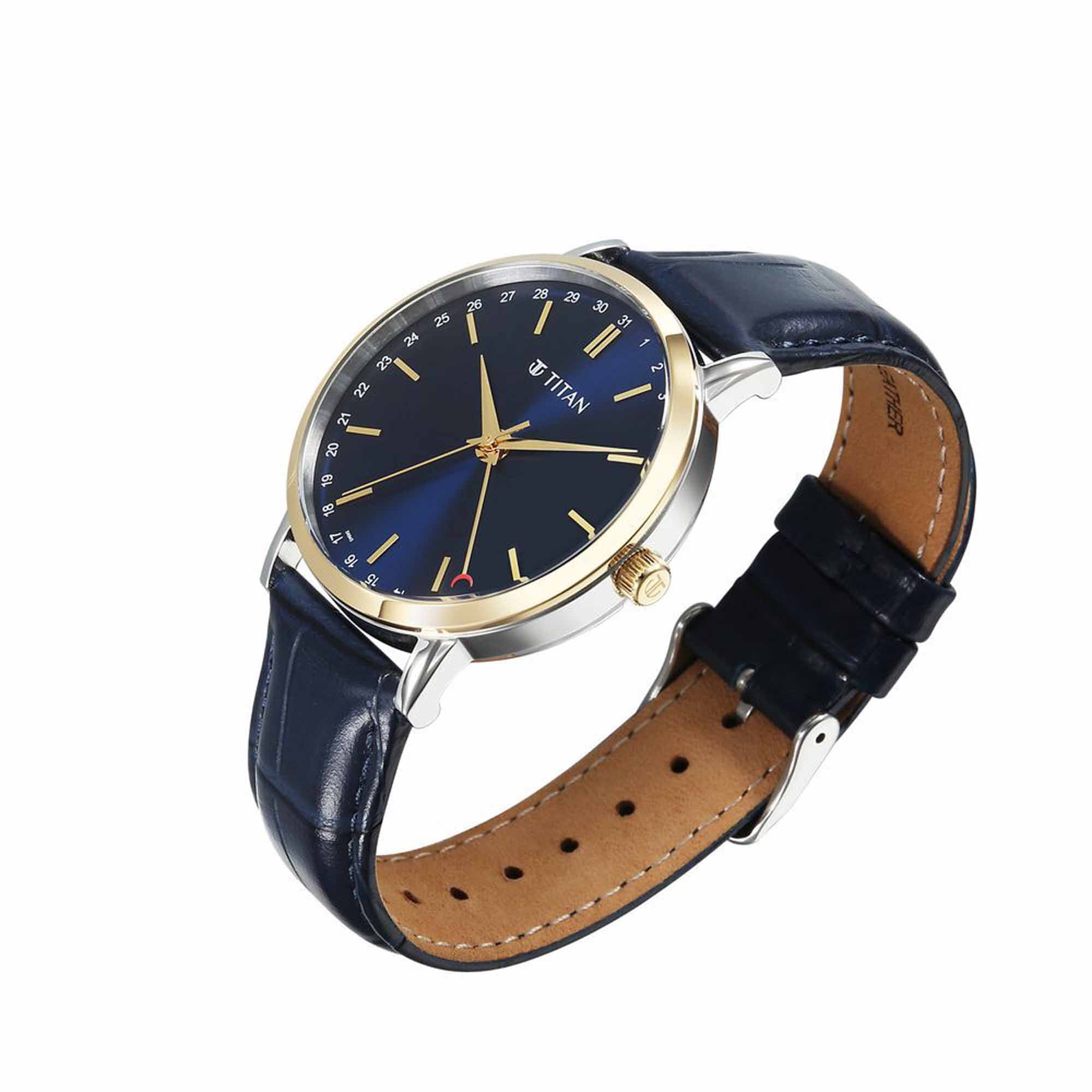 Titan Elegance Analog with Date by Hand and Blue Dial Blue Leather Strap Watch for Men - Image 4