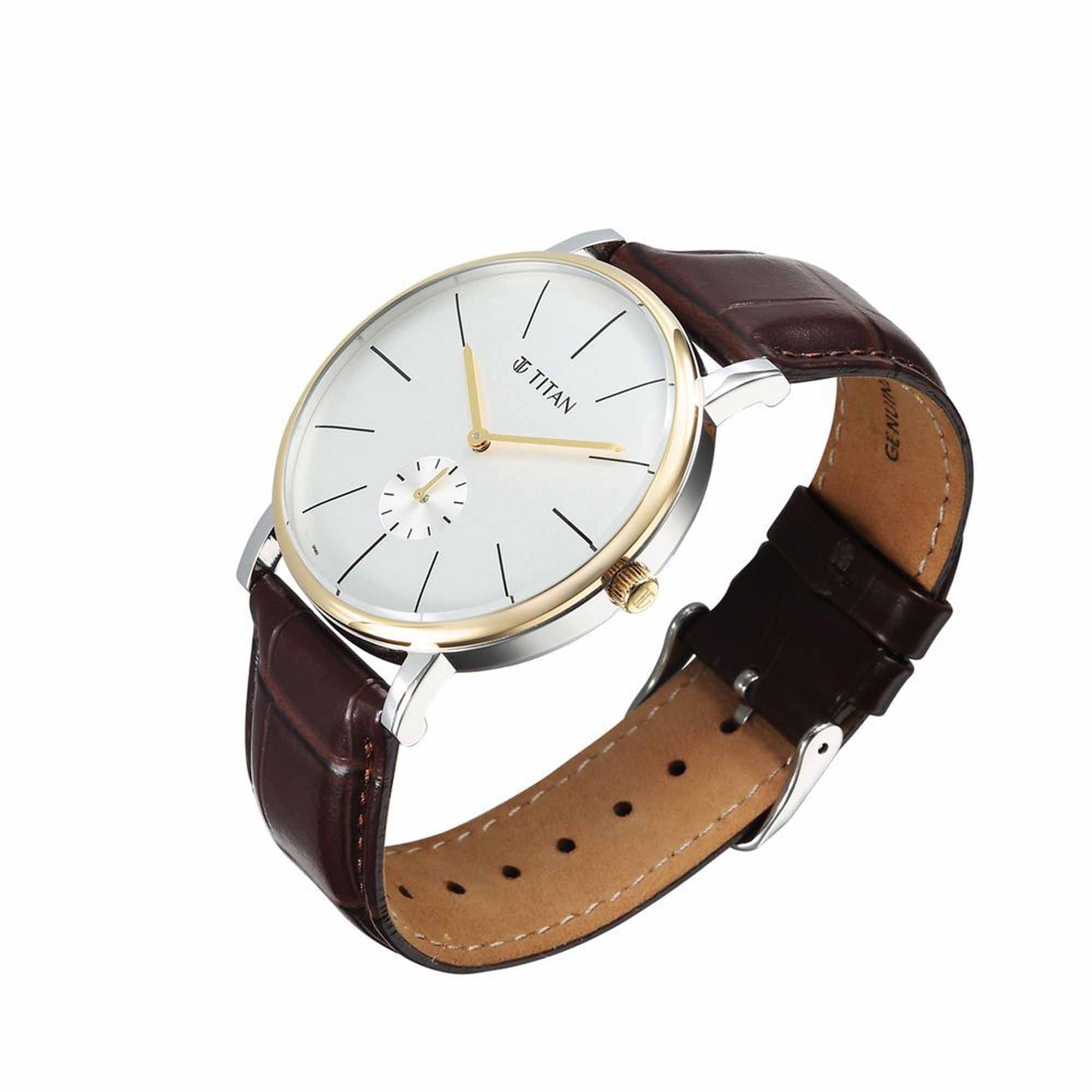 Titan Elegance Analog with Small Second and White Dial Brown Leather Strap Watch for Men - Image 4