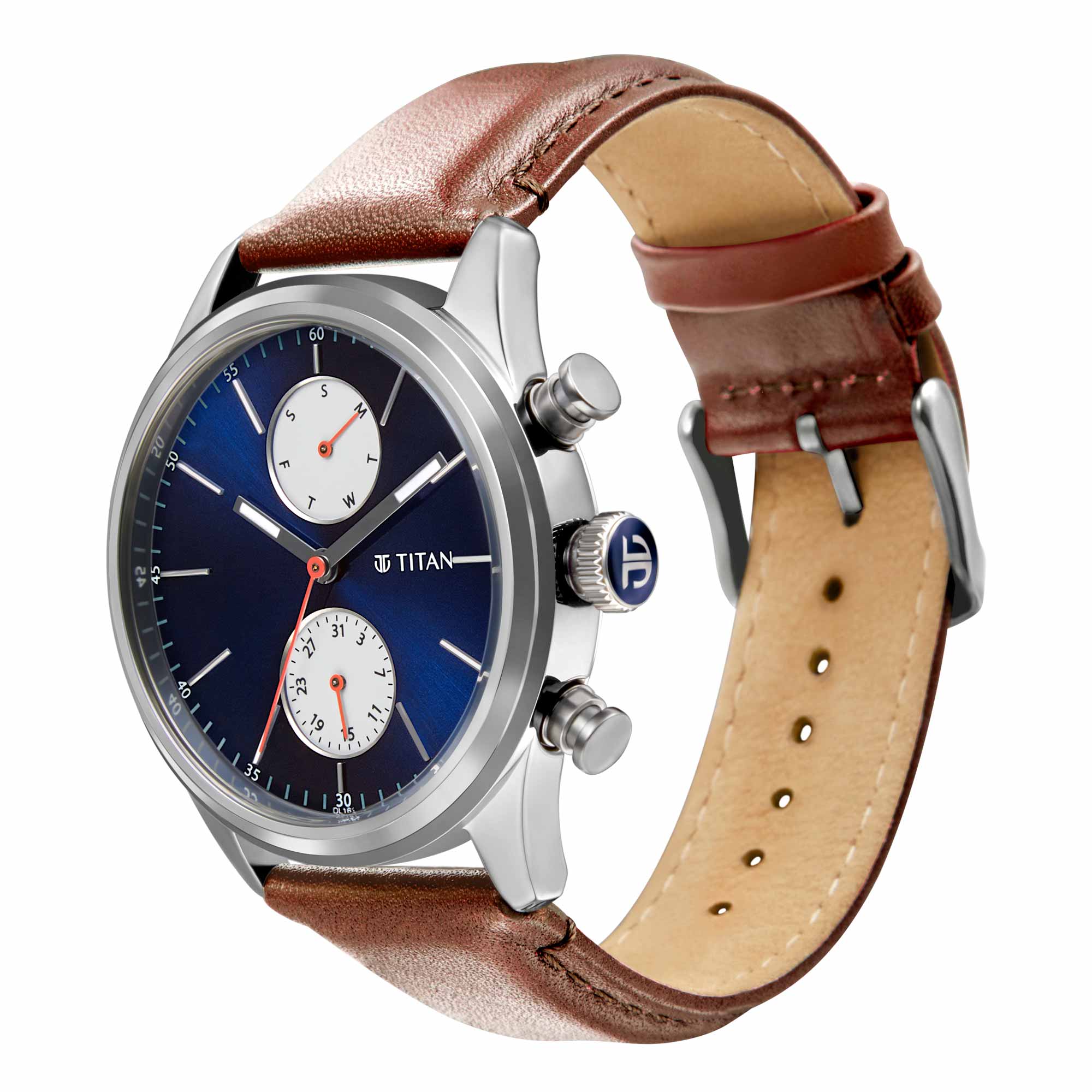 Titan Blue Dial Brown Leather Strap Multifunction Watch for Men - Image 3