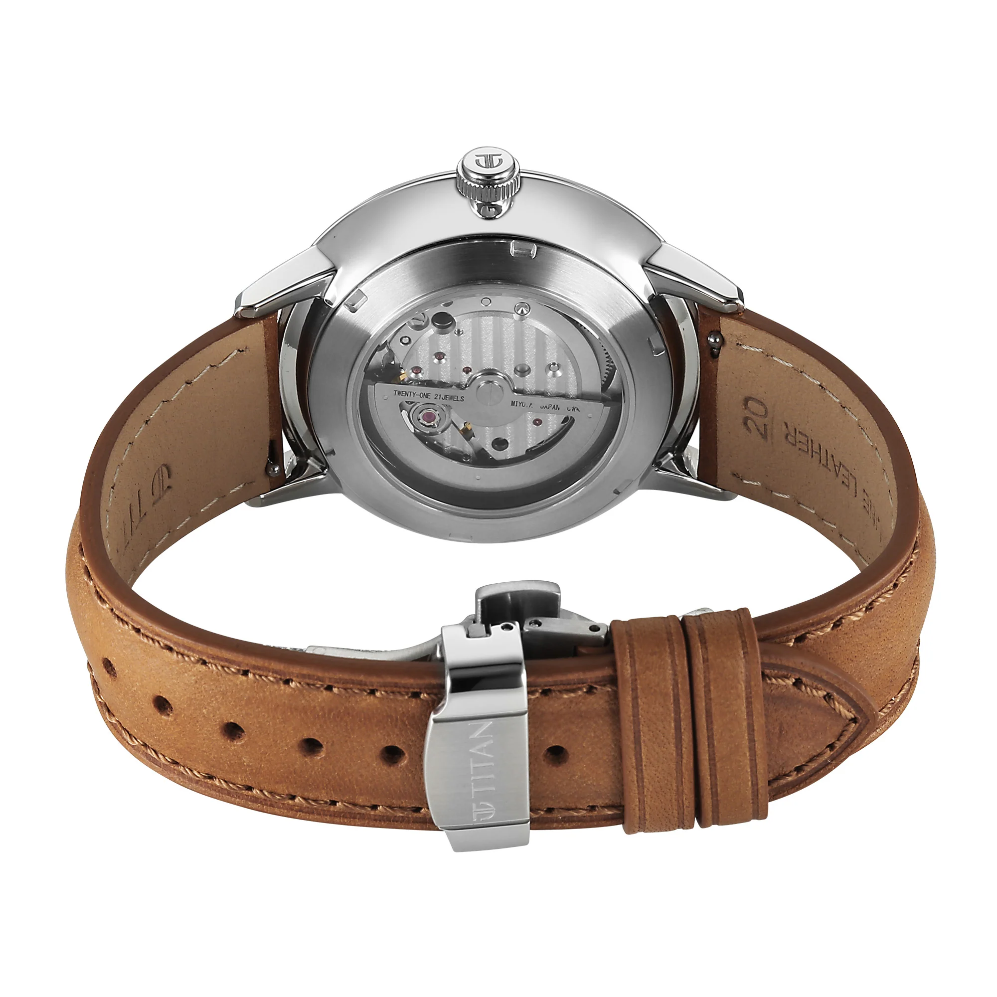 Titan Green Dial Brown Stainless Steel Strap Open Heart Automatic Watch for Men - Image 3