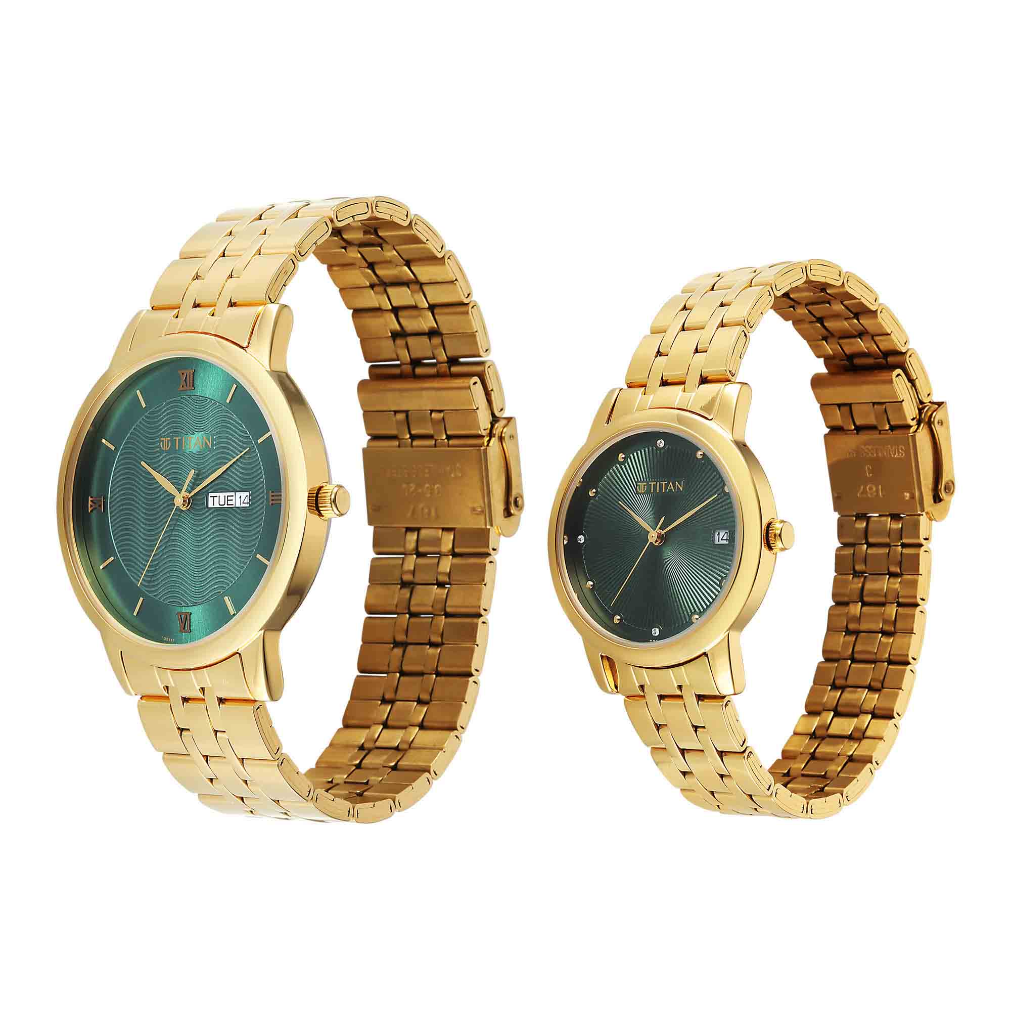 Titan Green Dial Gold Stainless Steel Strap Analog with Day and Date Watch for Couple - Image 3