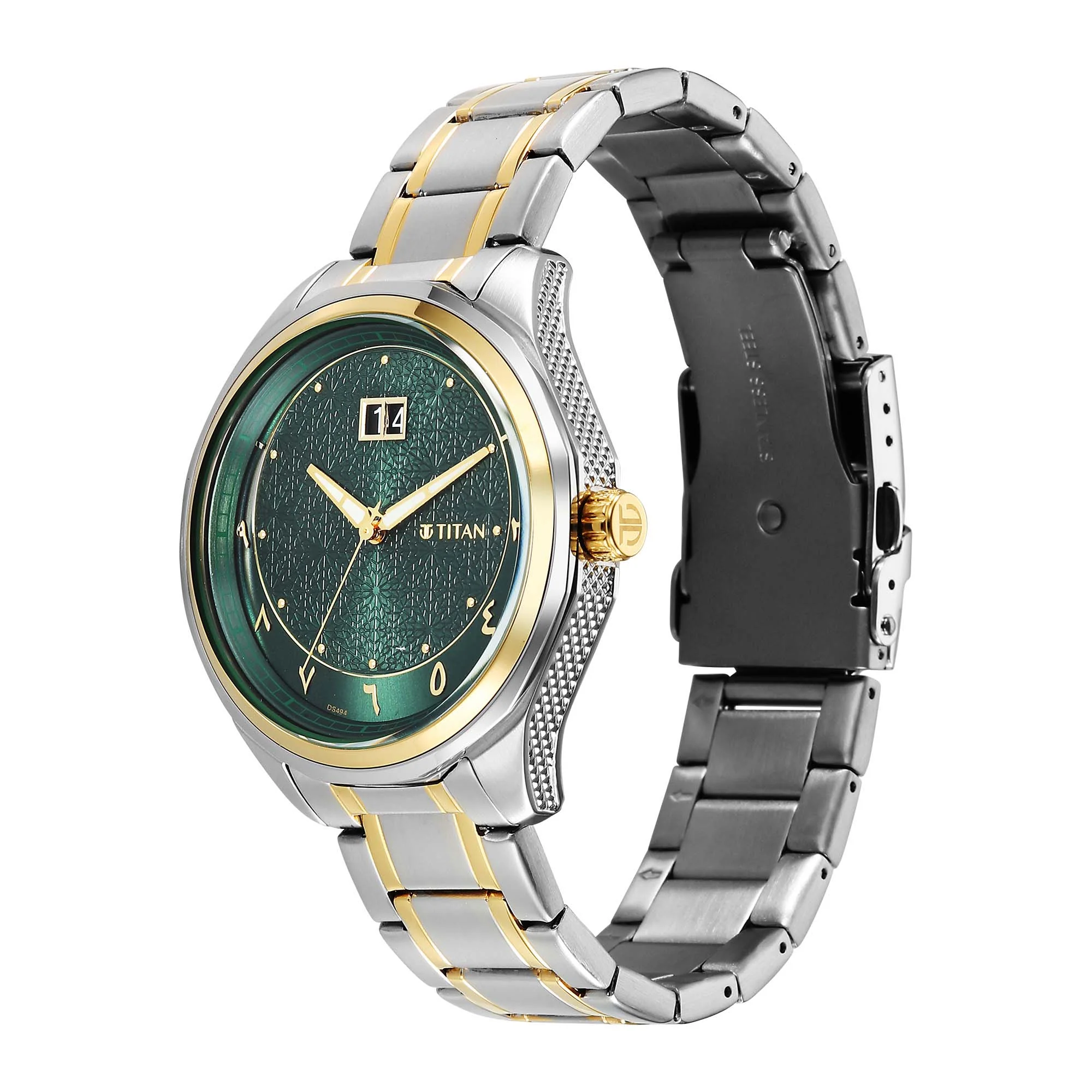 Titan Green Dial Two Toned Stainless Steel Strap Analog with Date Watch For Men - Image 4
