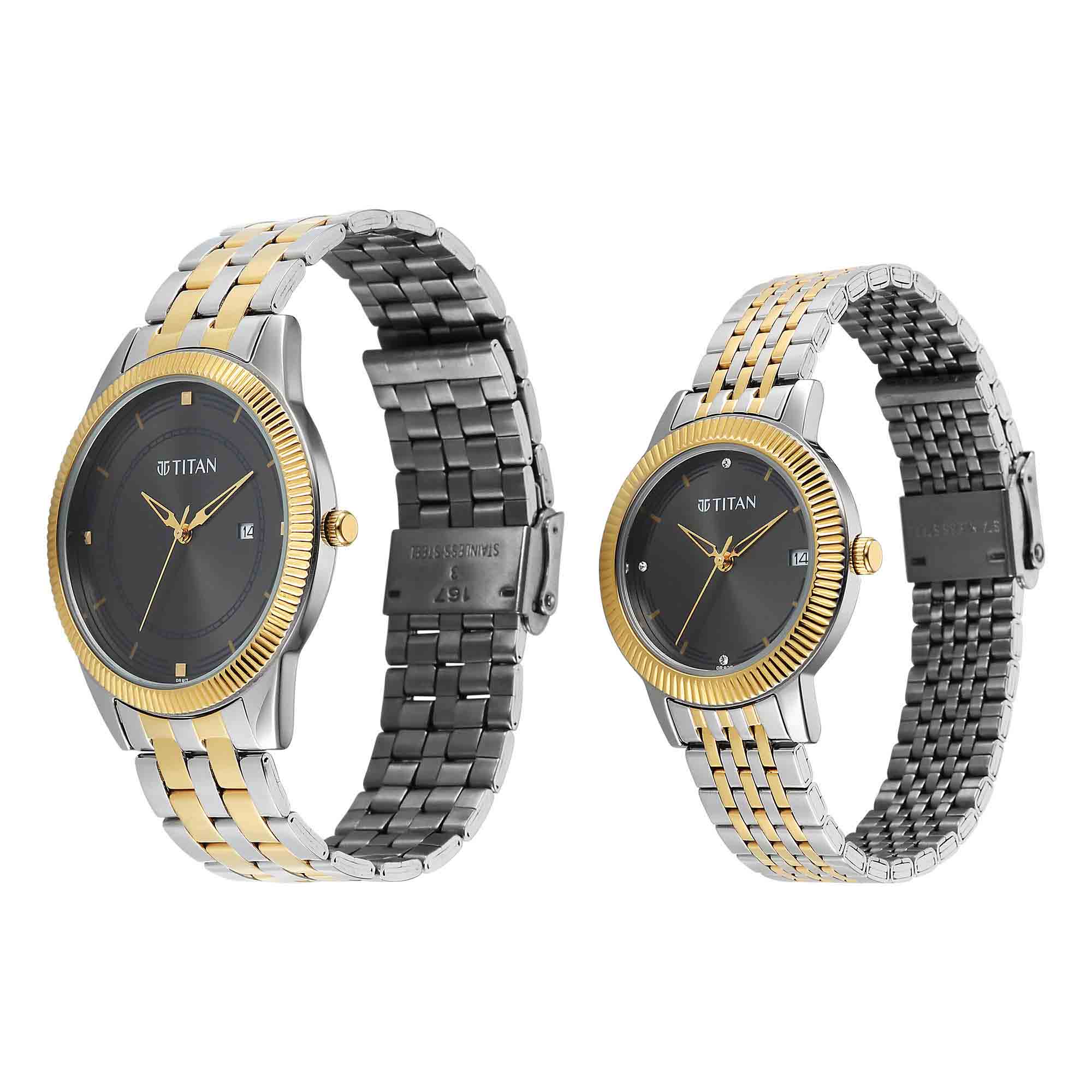 Titan Grey Dial Two Toned Stainless Steel Strap Analog with Date Watch for Couple - Image 3