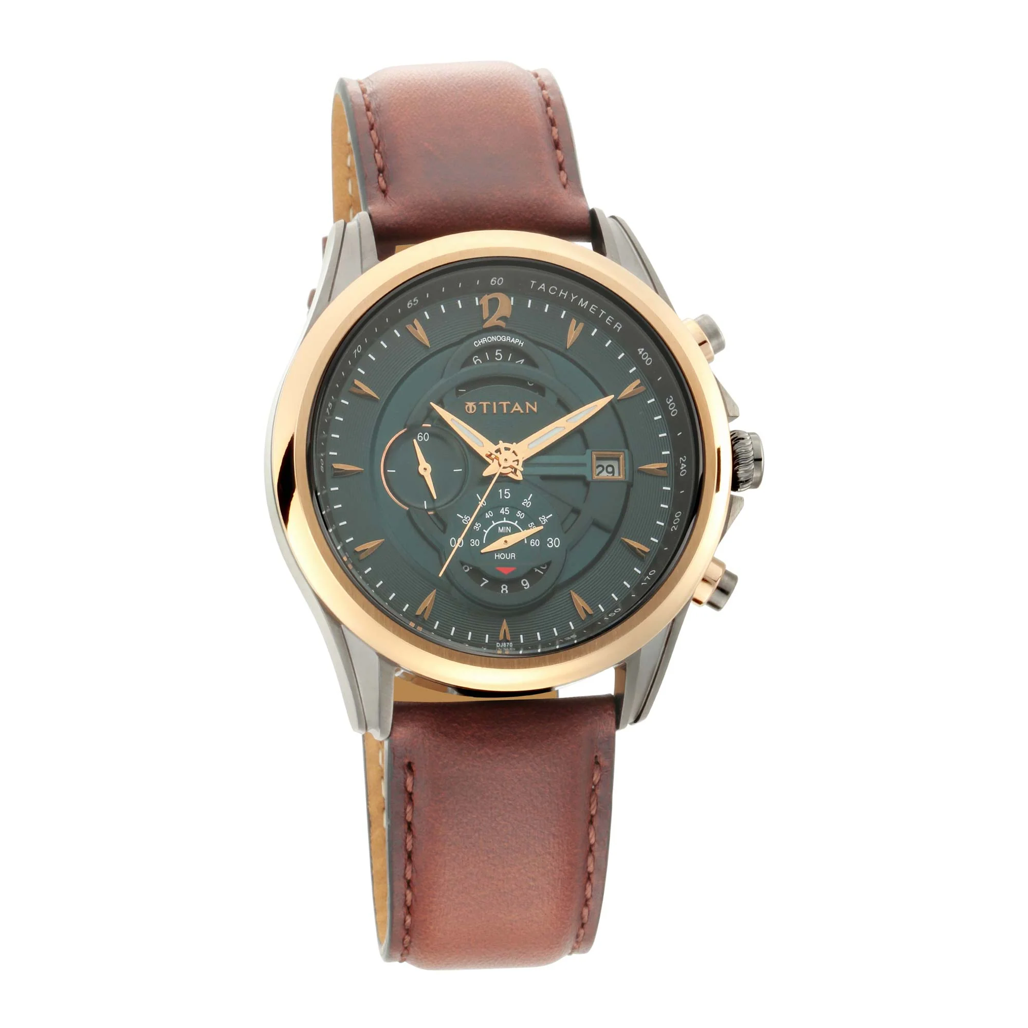 Titan Maritime Green Dial Brown Leather Strap Chronograph Watch for Men - Image 3