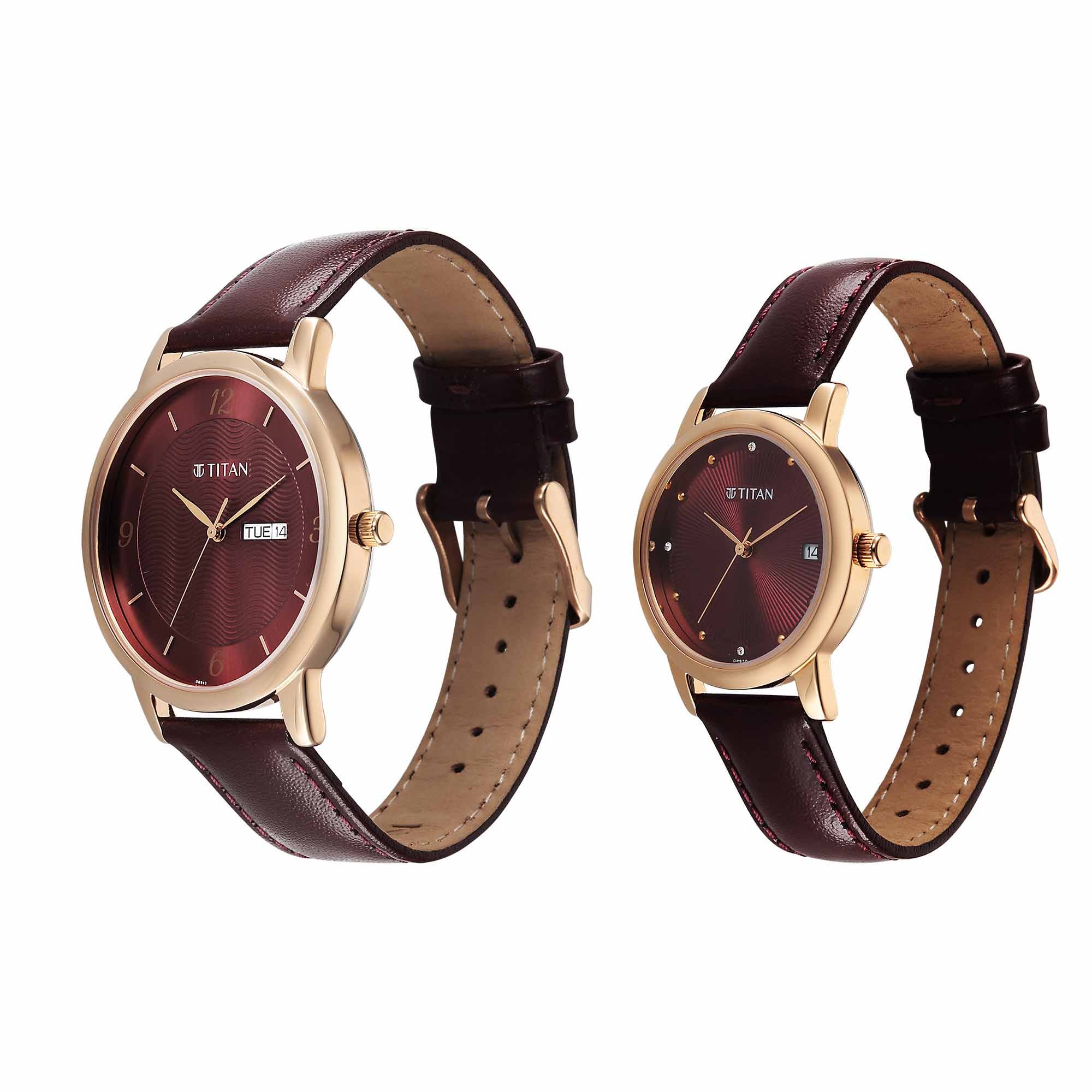 Titan Maroon Dial Leather Strap Analog with Day and Date Watch for Couple - Image 3