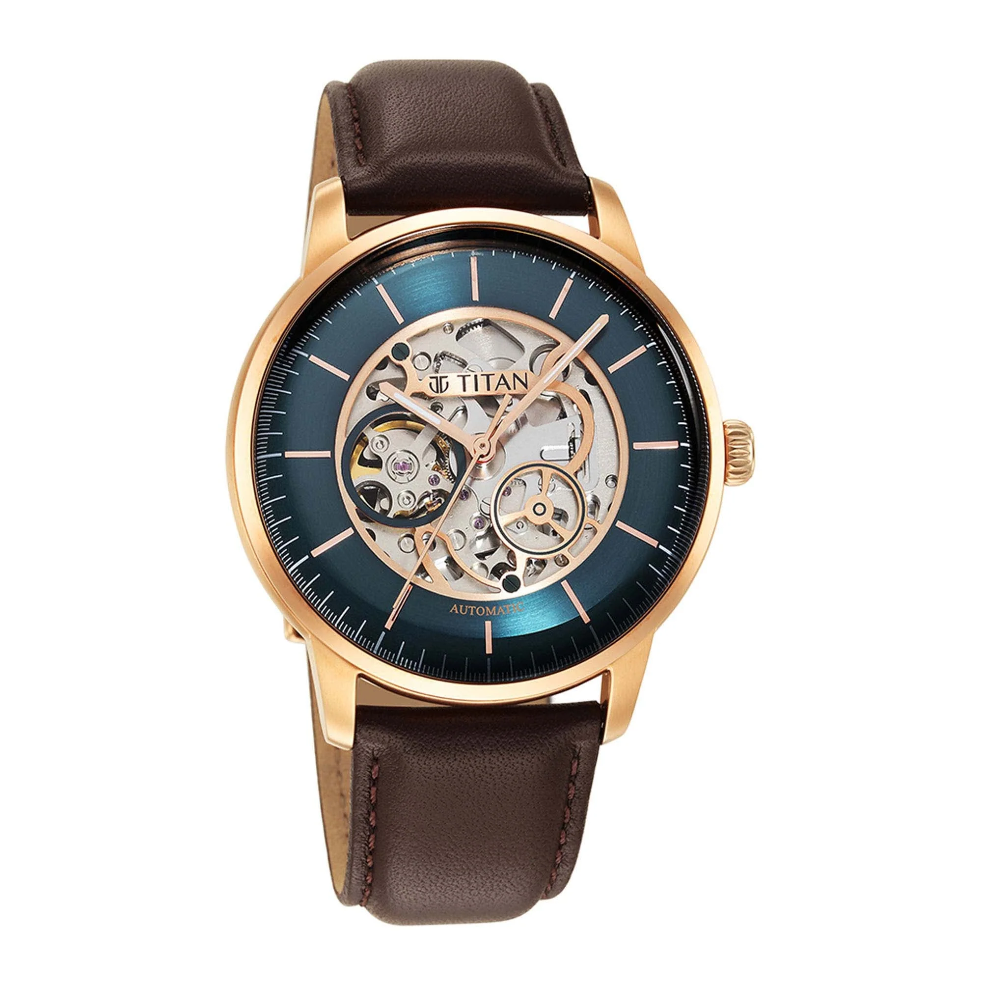 Titan Skeletal Automatic Blue Dial Brown Leather Strap Watch for Men - Image 2