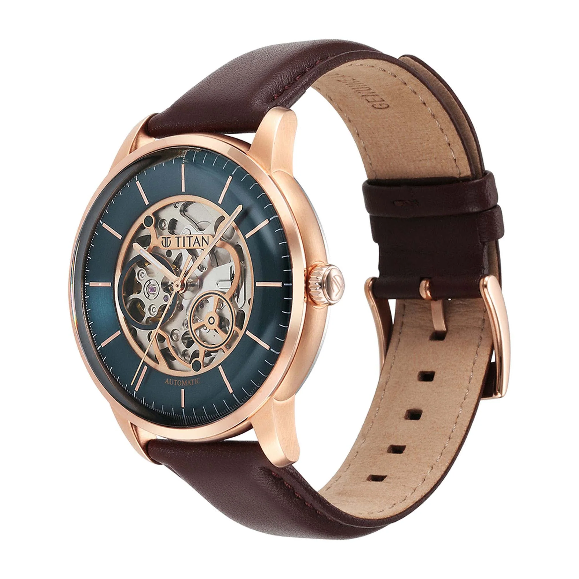 Titan Skeletal Automatic Blue Dial Brown Leather Strap Watch for Men - Image 3