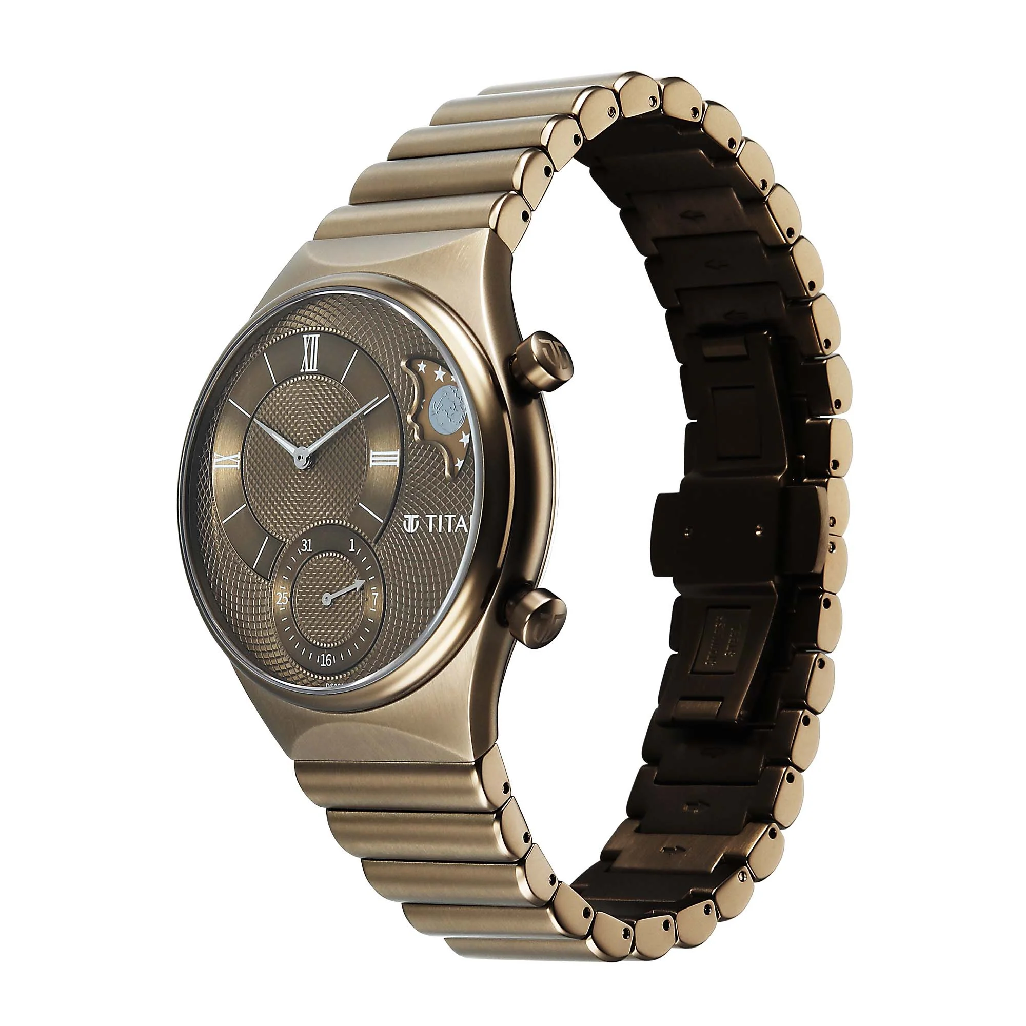 Titan Classique Micromotors Green Dial Brown Stainless Steel Analog with Sun-Moon-Date Watch for Men - Image 3