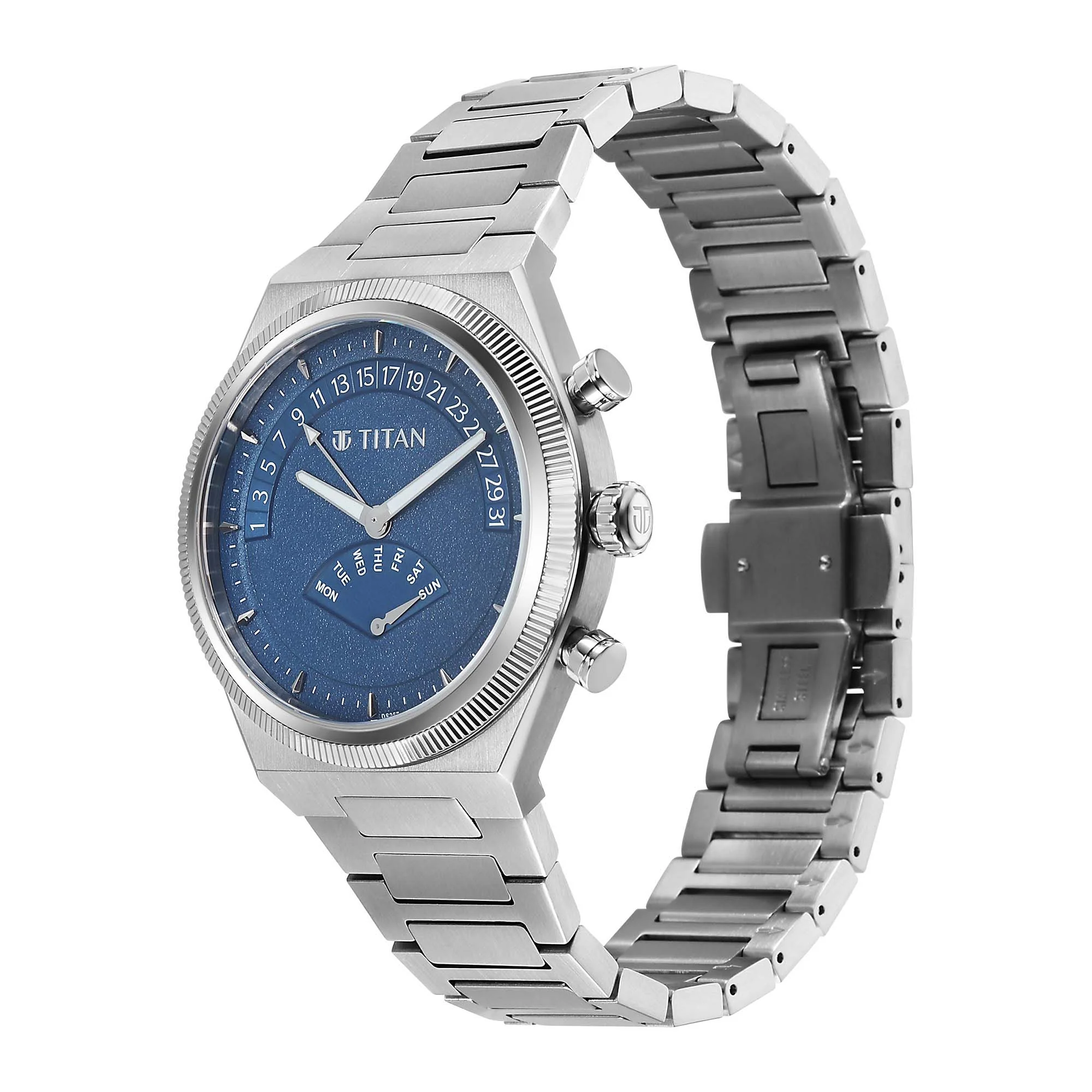 Titan Micromotors Analog with Retrograde Day and Date and Blue Dial Stainless Steel Strap Watch for Men - Image 3