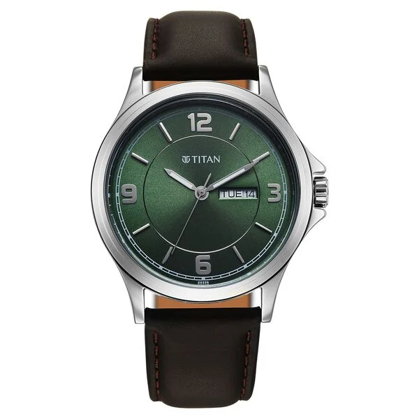 Titan Workwear Green Dial Brown Leather Strap Analog with Day-Date Watch for Men