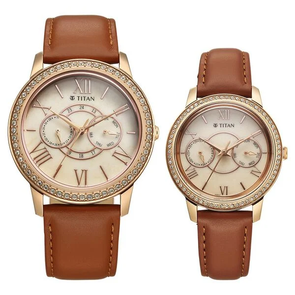 Titan Beige Dial Brown Leather Strap Analog with Day and Date Quartz Watch for Couple