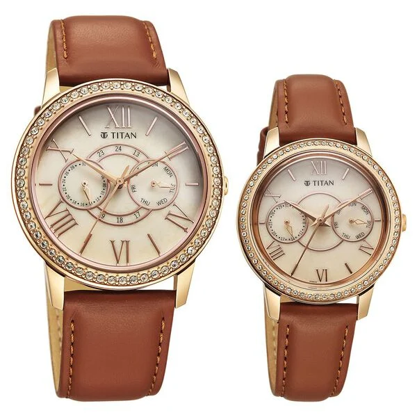 Titan Beige Dial Brown Leather Strap Analog with Day and Date Quartz Watch for Couple - Image 2