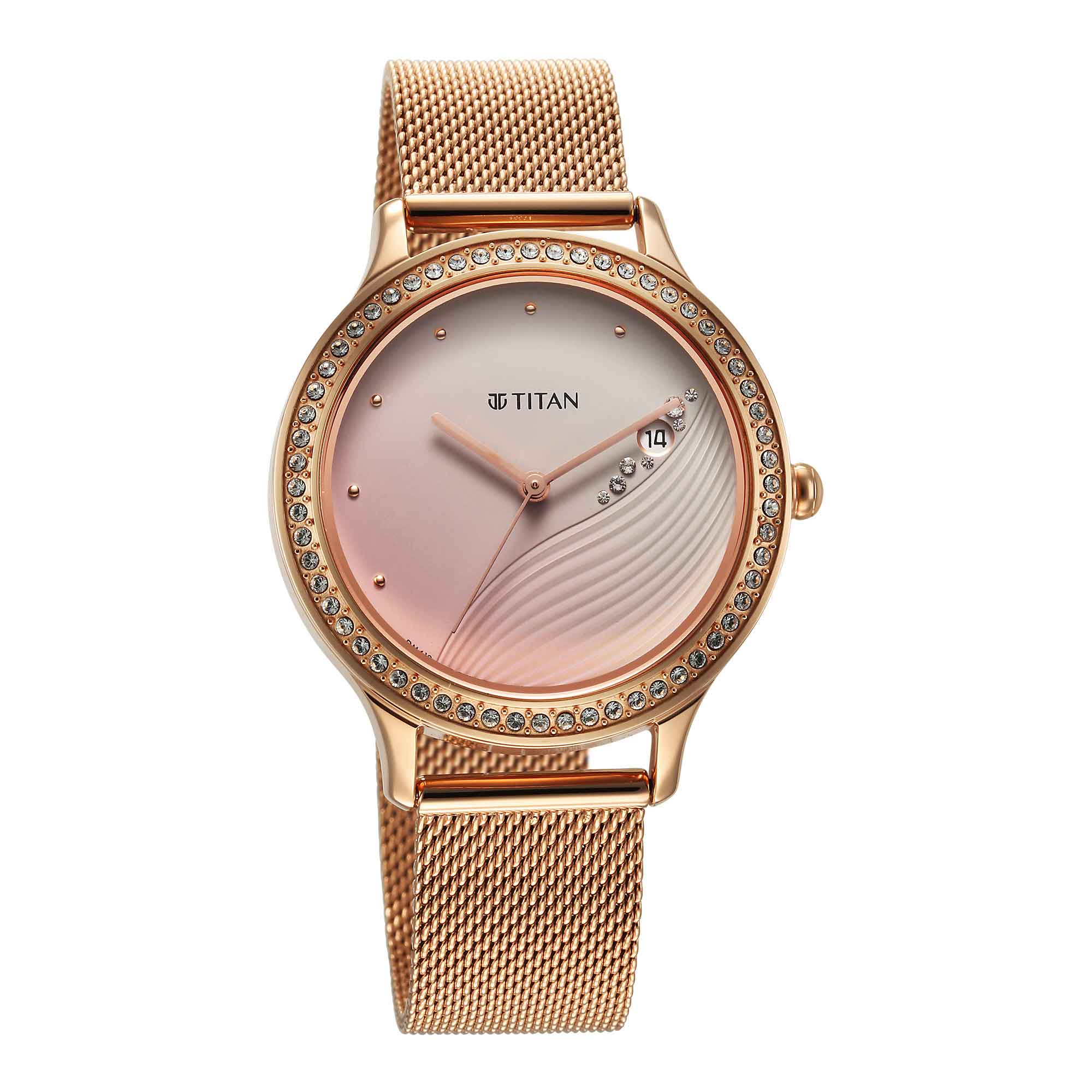 Titan Fashion Pink Dial Rose Gold Stainless Steel Strap Analog with Date Watch for Women - Image 3