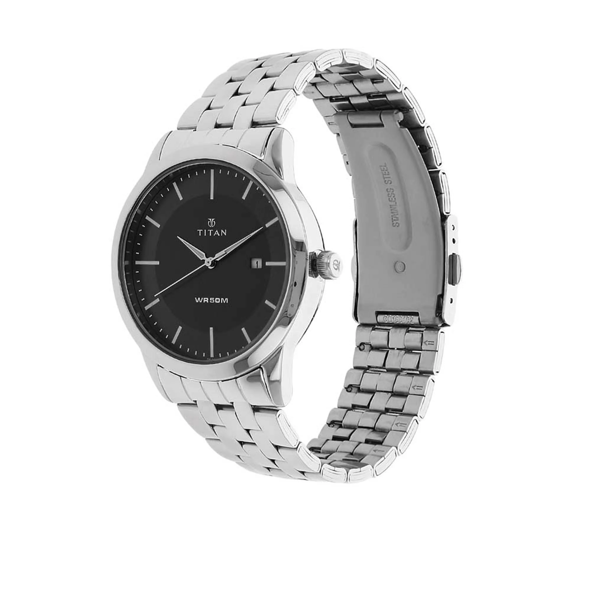 Titan Quartz Analog with Date Black Dial Stainless Steel Strap Watch for Men - Image 2