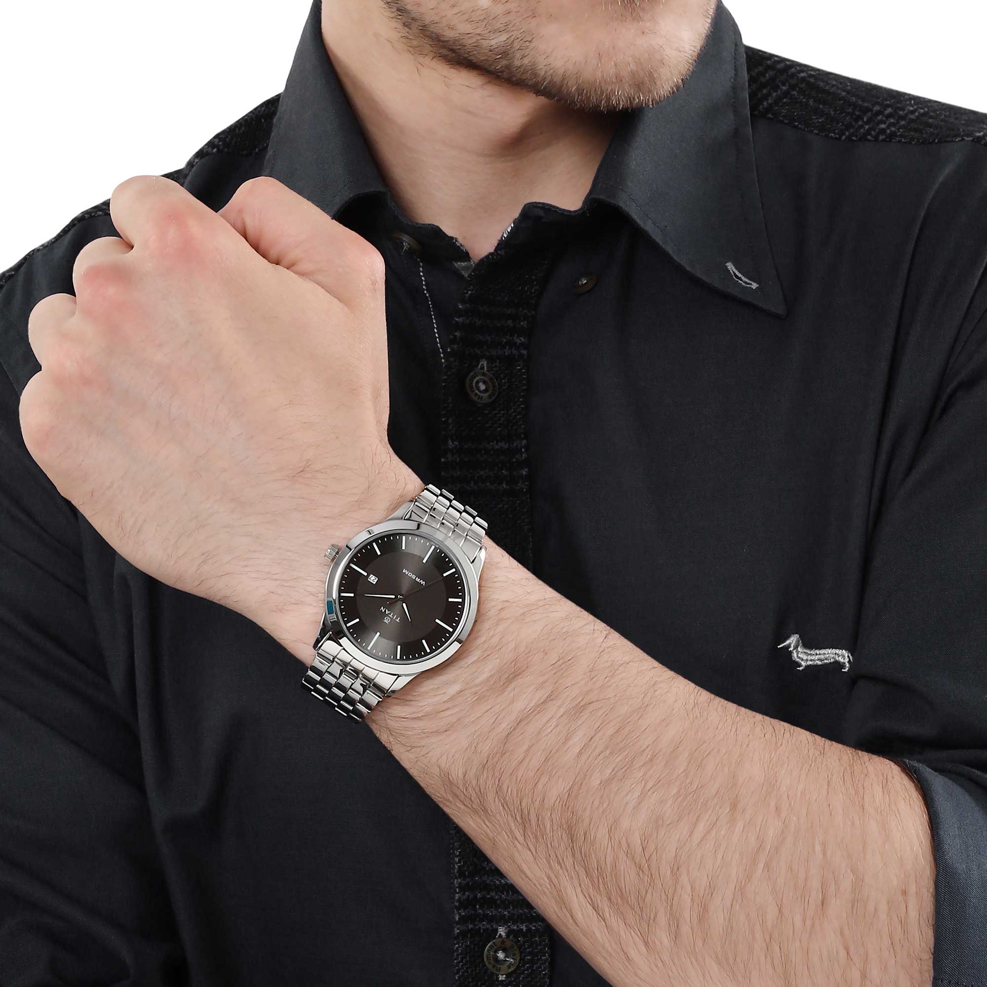 Titan Quartz Analog with Date Black Dial Stainless Steel Strap Watch for Men - Image 6