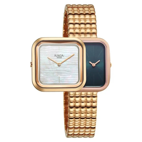 Titan Raga Glimmers Mother of Pearl Square Dial Rose Gold Metal Strap Analog Watch for Women