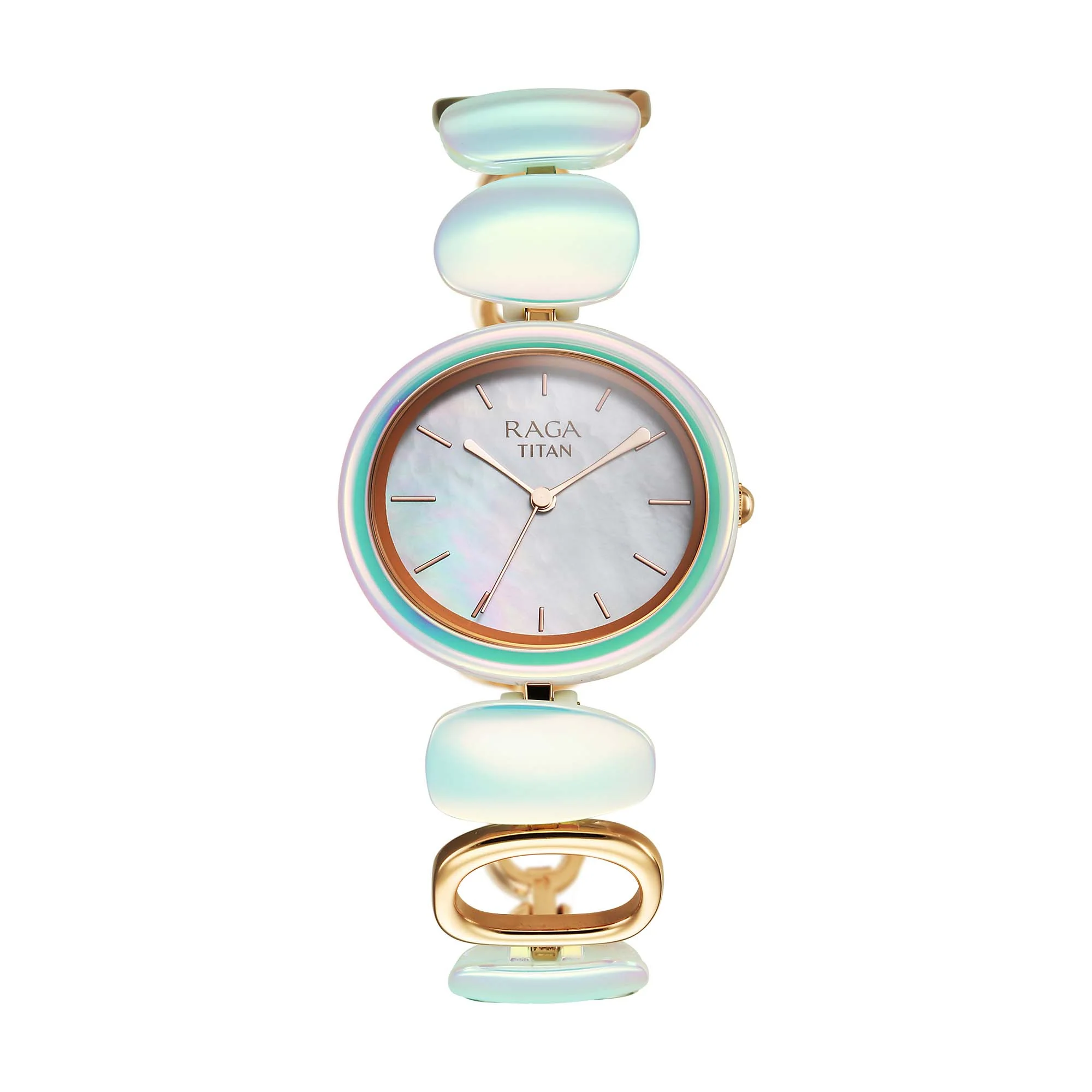 Titan Raga Mother Of Pearl Dial Two Toned Hybrid Strap Analog Watch for Women