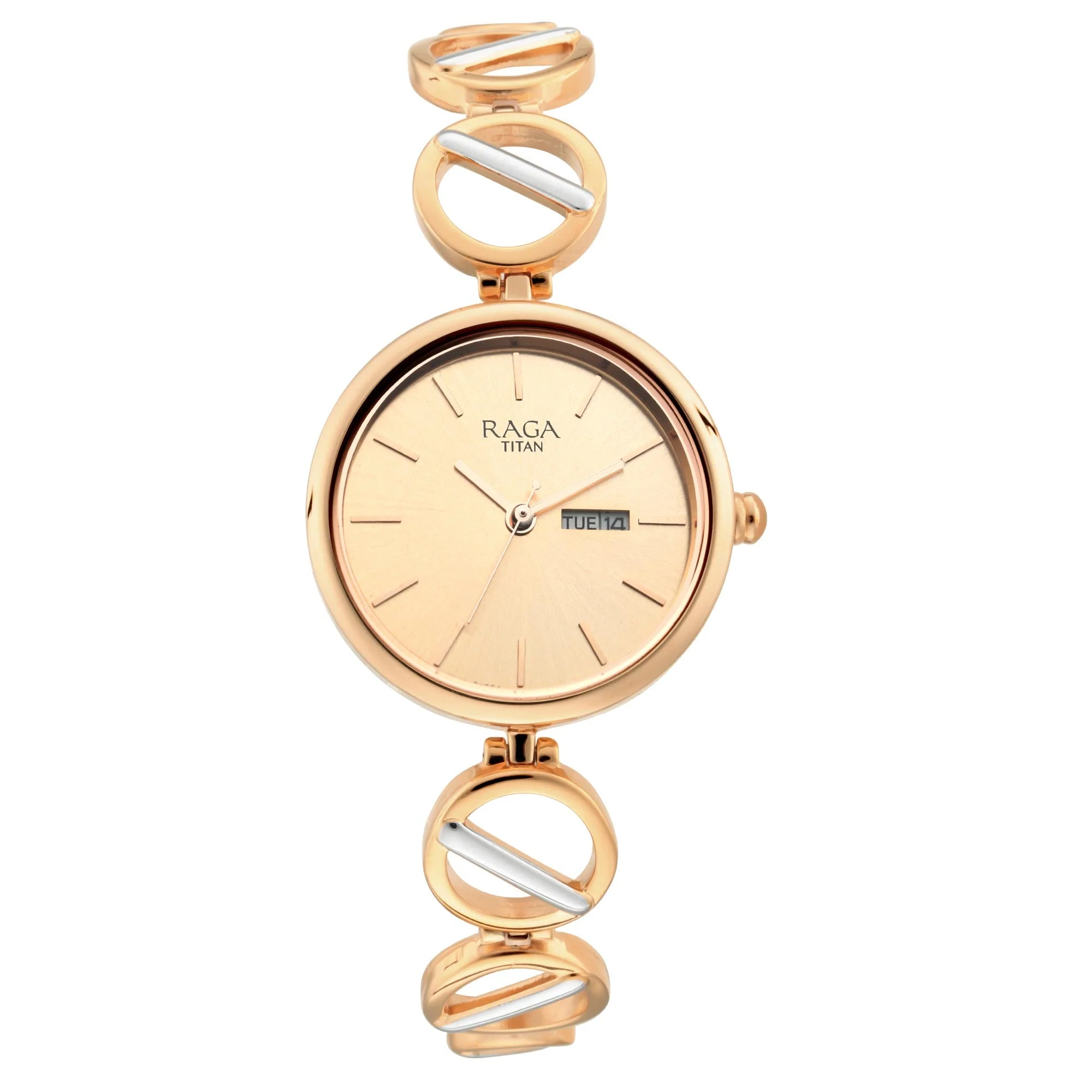 Titan Raga Viva Quartz Analog with Day and Date Rose Gold Dial Two Toned Metal Strap Watch For Women - Image 3